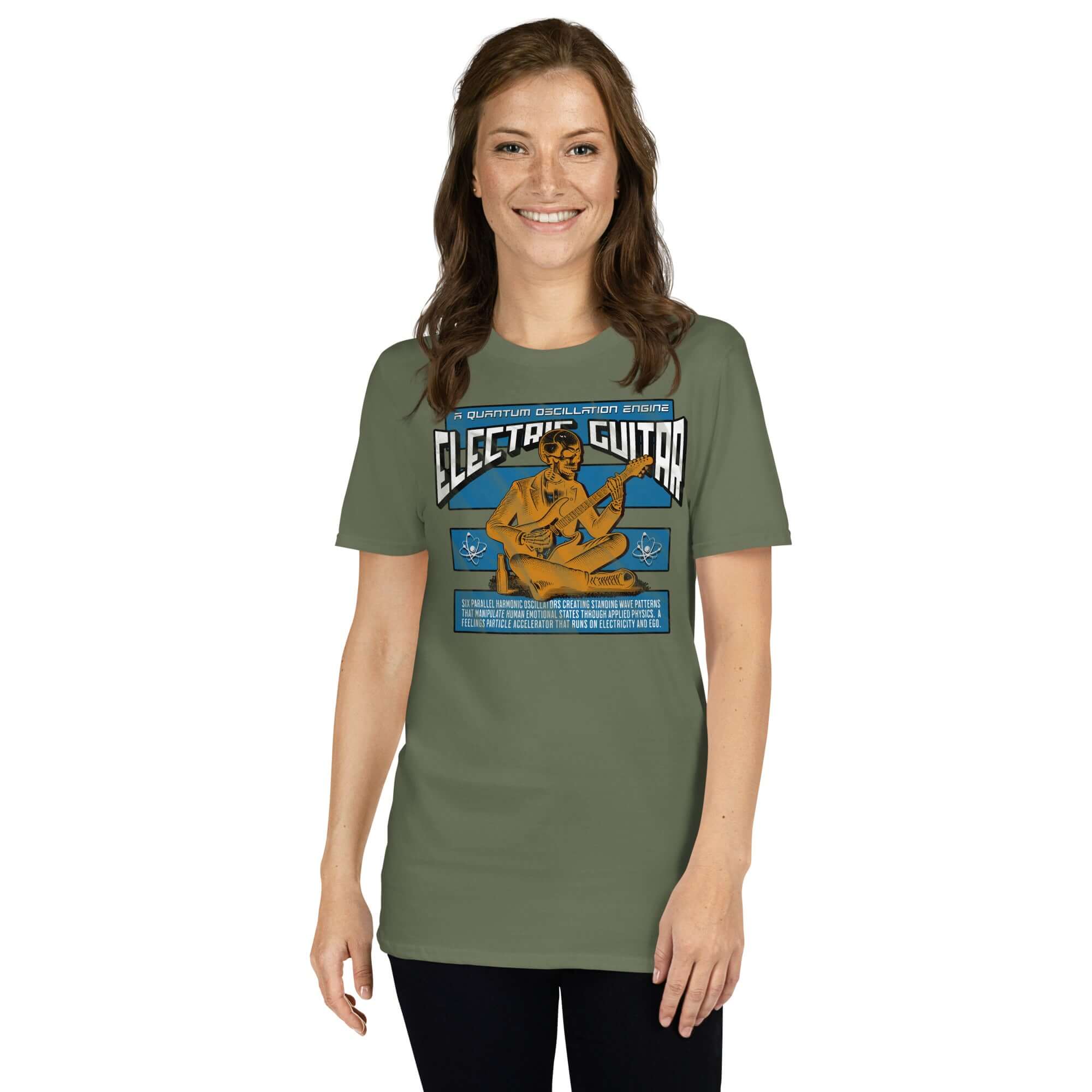 Woman wearing Electric Guitar Quantum Oscillation Engine T-Shirt featuring a physics and music humor design.