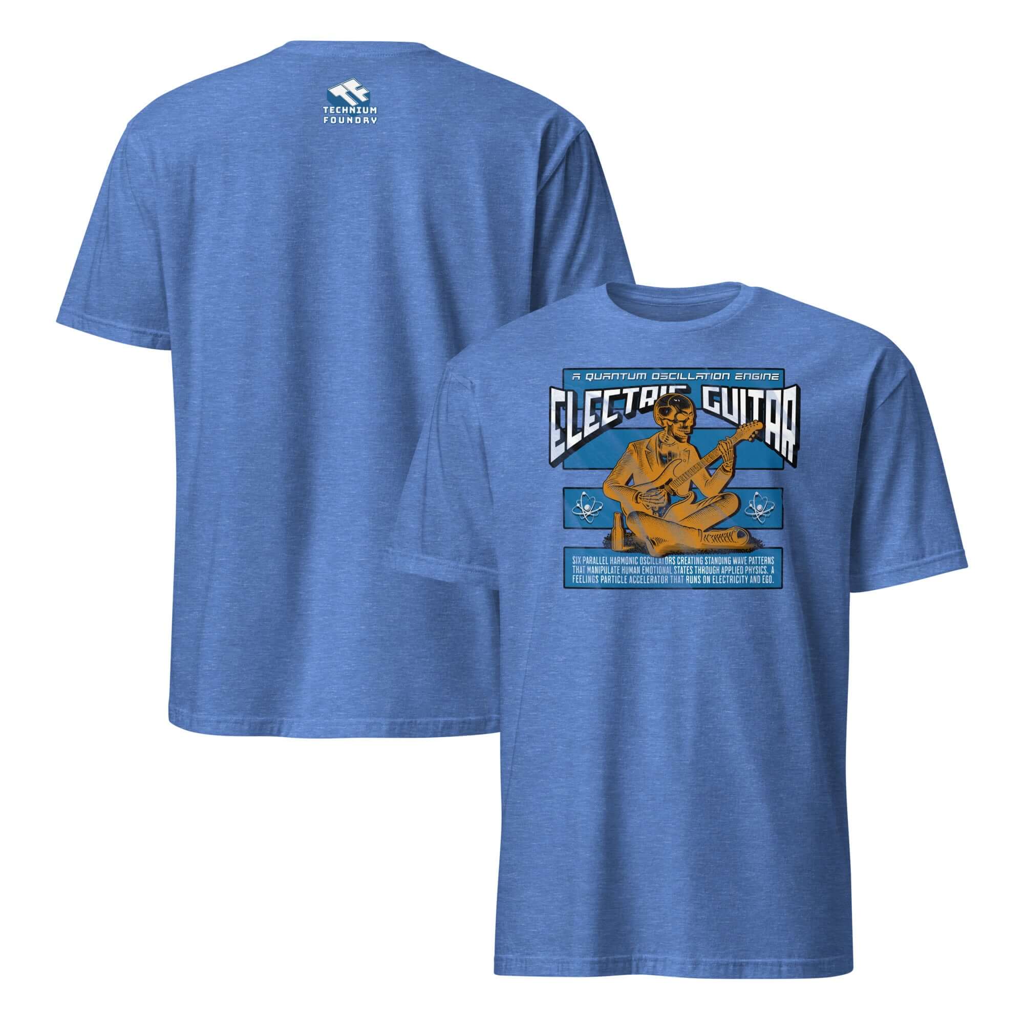 Blue T-shirt featuring Electric Guitar Quantum Oscillation Engine graphic, blending physics humor with music theme.