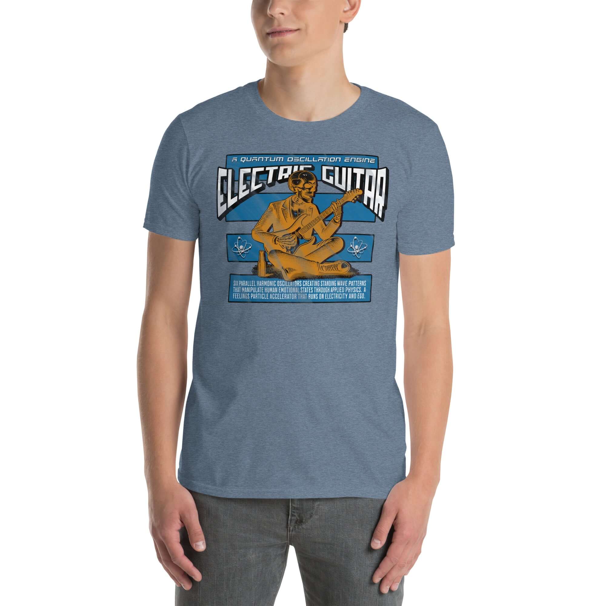 Man wearing Electric Guitar Quantum Oscillation Engine T-Shirt, blending physics and music humor in blue color.