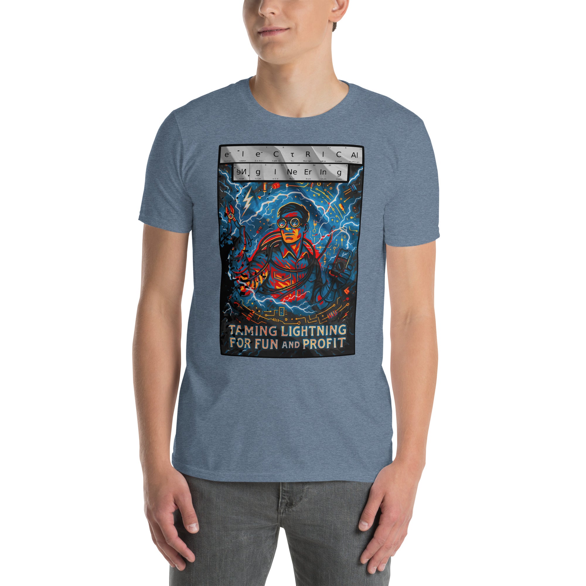 Man wearing 'Electrical Engineering: Taming Lightning For Fun and Profit' t-shirt featuring modern Zeus with safety goggles.