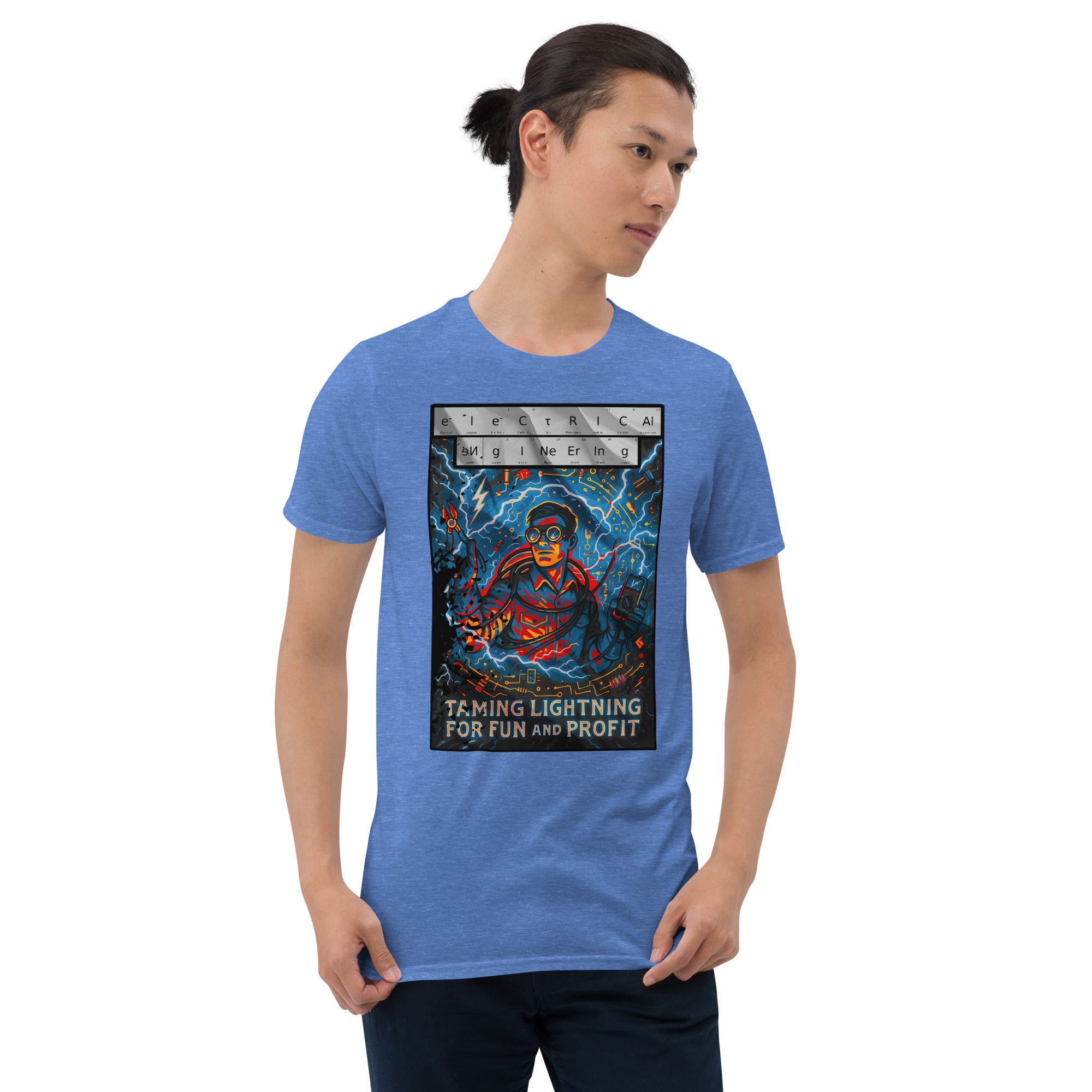 Man wearing blue Electrical Engineering T-Shirt with modern Zeus design, celebrating taming lightning for fun and profit.