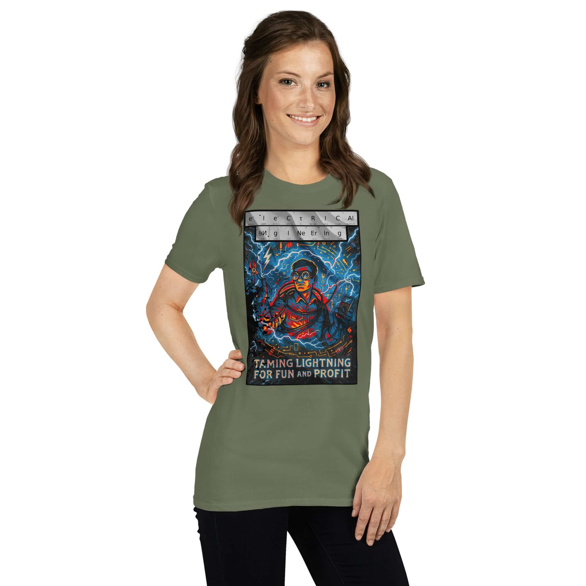 Woman wearing Electrical Engineering T-Shirt with design "Taming Lightning For Fun And Profit," featuring a modern Zeus illustration.