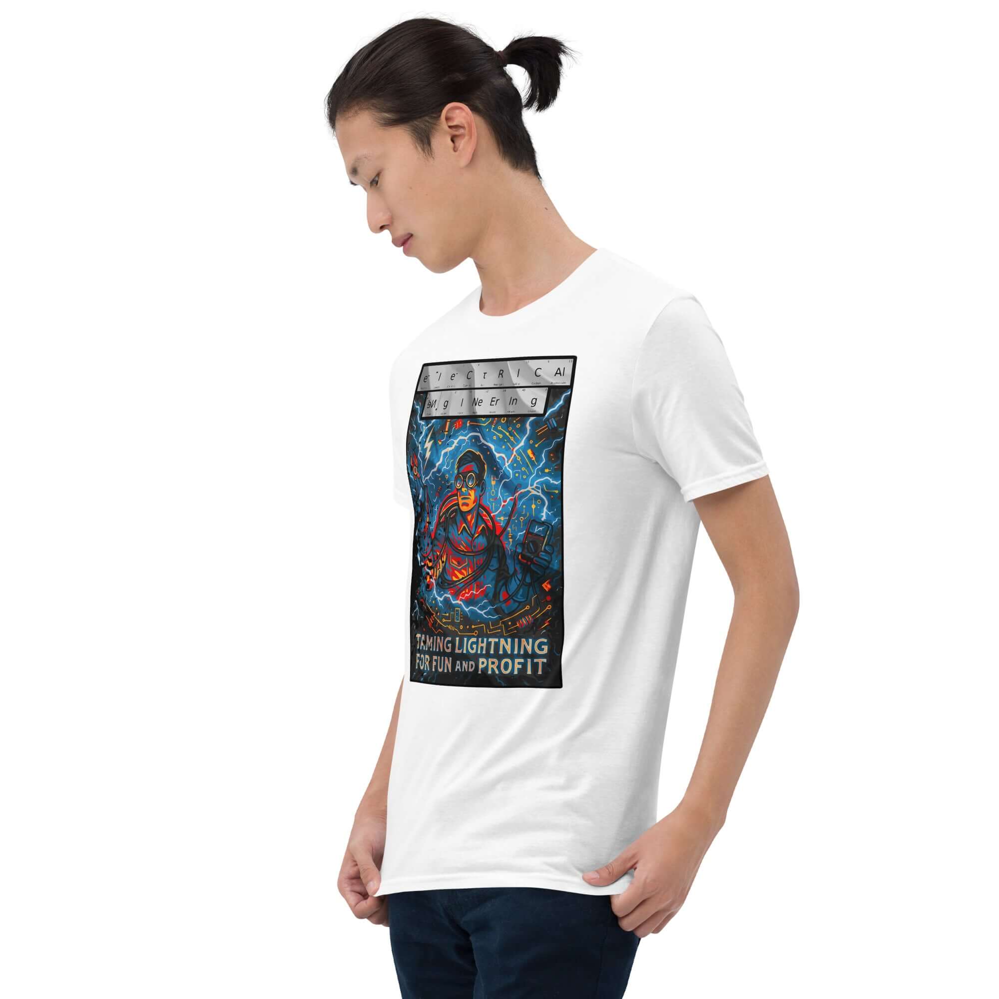 Man wearing Electrical Engineering T-Shirt with Taming Lightning design, depicting modern-day Zeus with lightning bolts.
