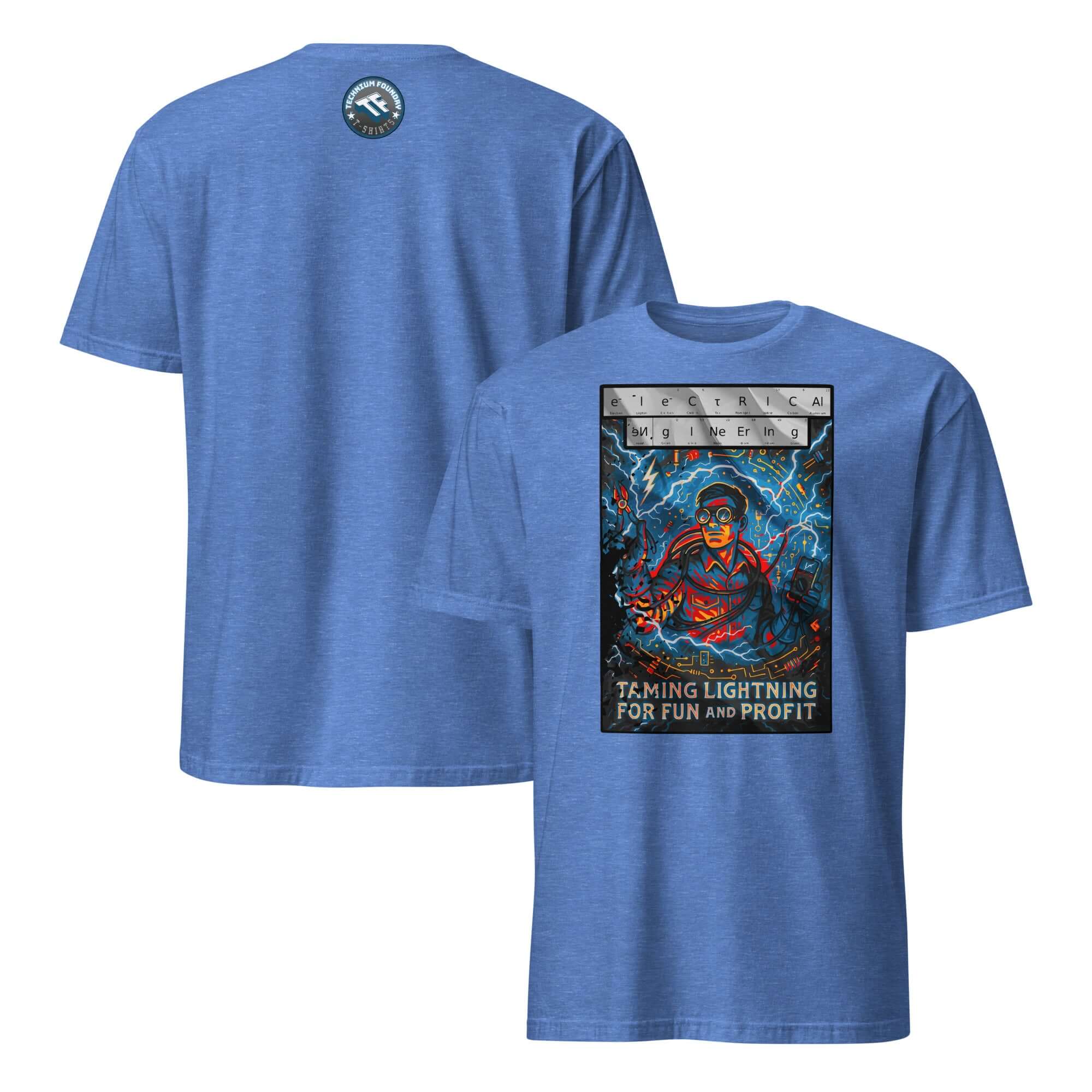 Blue Electrical Engineering T-Shirt with 'Taming Lightning For Fun And Profit' design featuring modern Zeus with safety goggles.