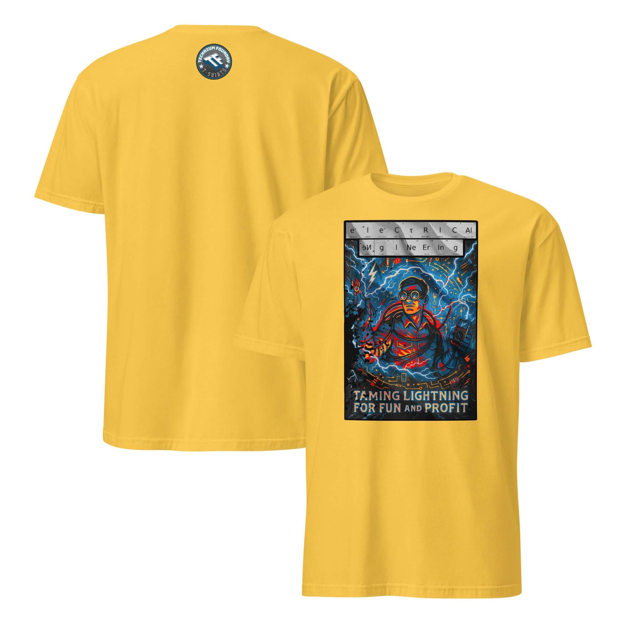 Yellow t-shirt featuring a graphic of modern-day Zeus in safety goggles, with text 'Taming Lightning For Fun and Profit.'
