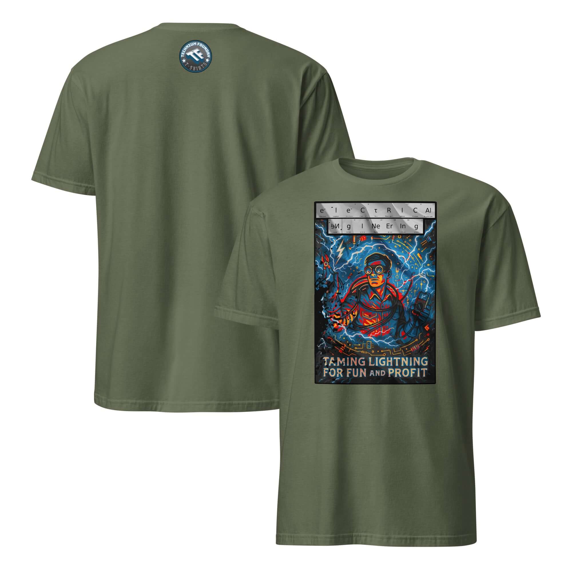 Front and back view of green Electrical Engineering T-Shirt featuring a design of Zeus in goggles with "Taming Lightning for Fun and Profit" text.