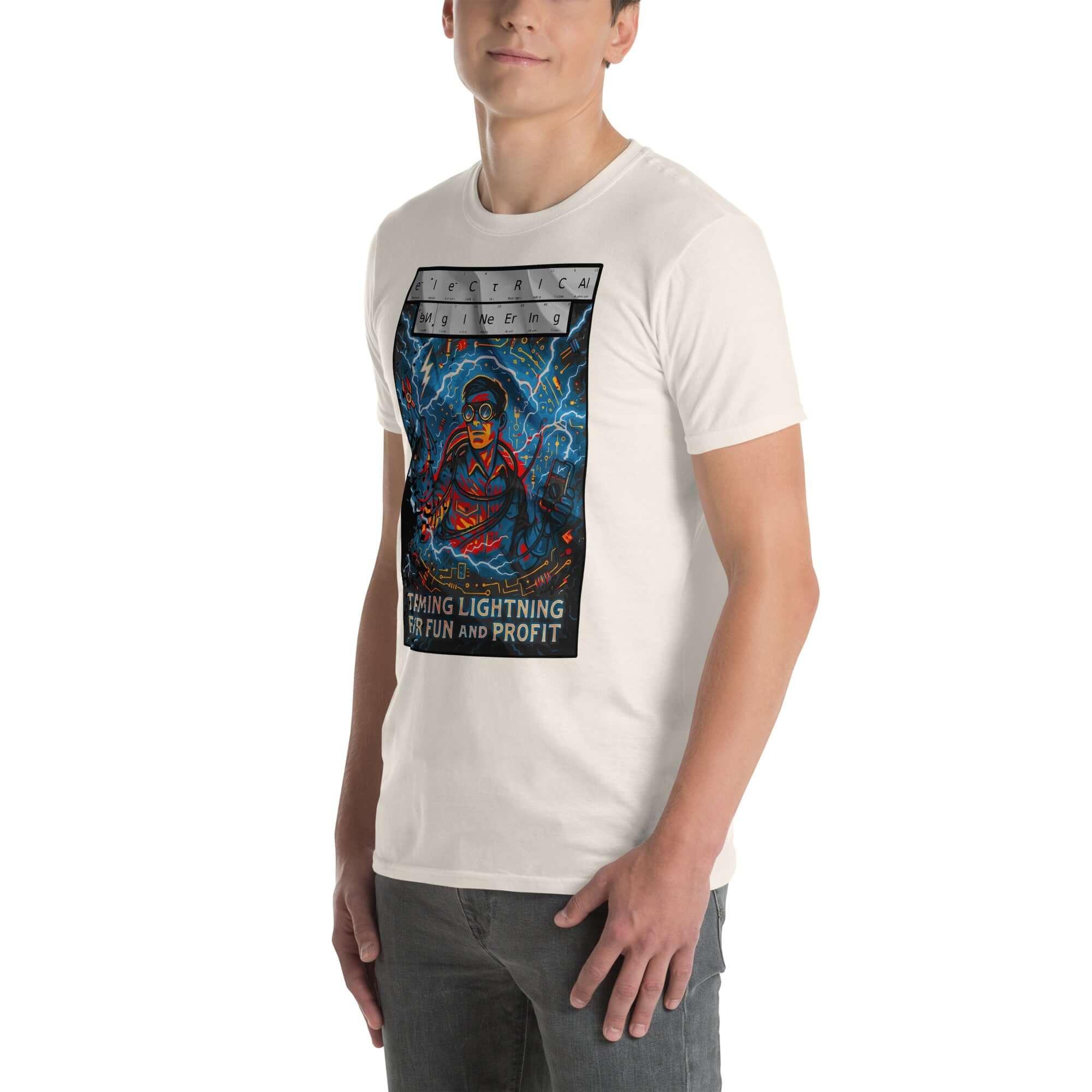Man wearing Electrical Engineering T-Shirt with "Taming Lightning For Fun and Profit" design, featuring modern Disney Zeus in safety goggles.