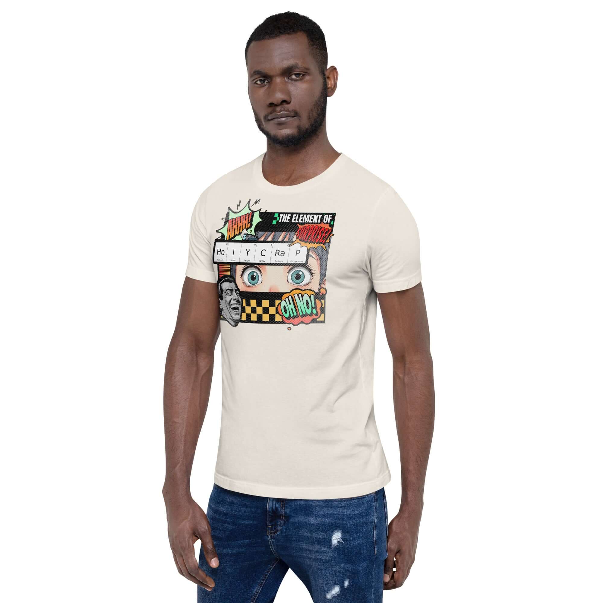 Man wearing "Element of Surprise" HoIYCRaP chemistry joke t-shirt with retro comic design, showcasing scientific surprise.