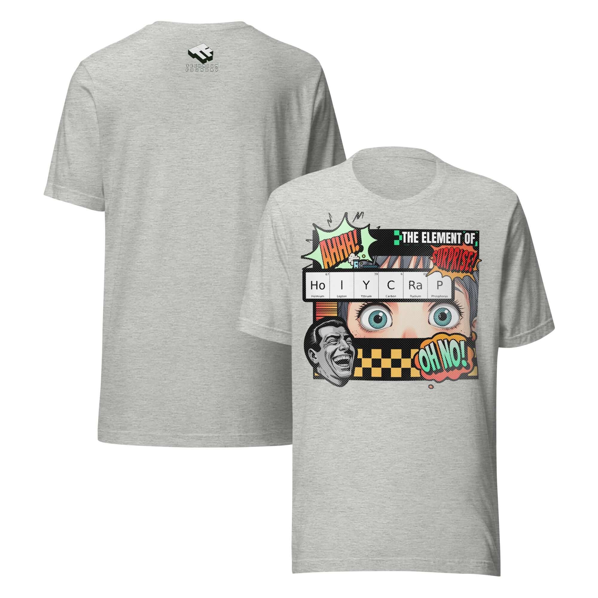 Grey t-shirt featuring 'Element of Surprise' chemistry joke with retro comic design and HoIYCRaP elements.