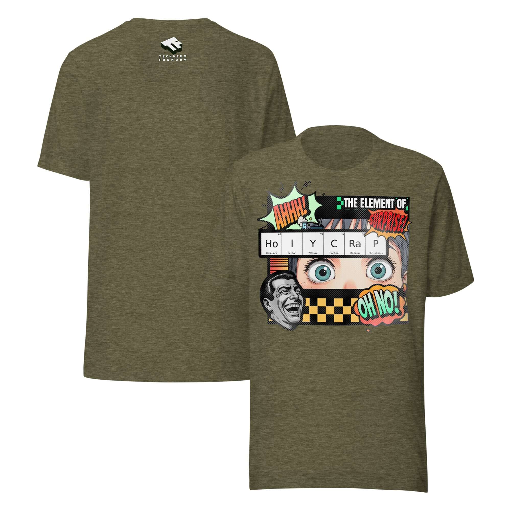 The Element of Surprise T-Shirt featuring HoIYCRaP chemistry joke with retro comic design.