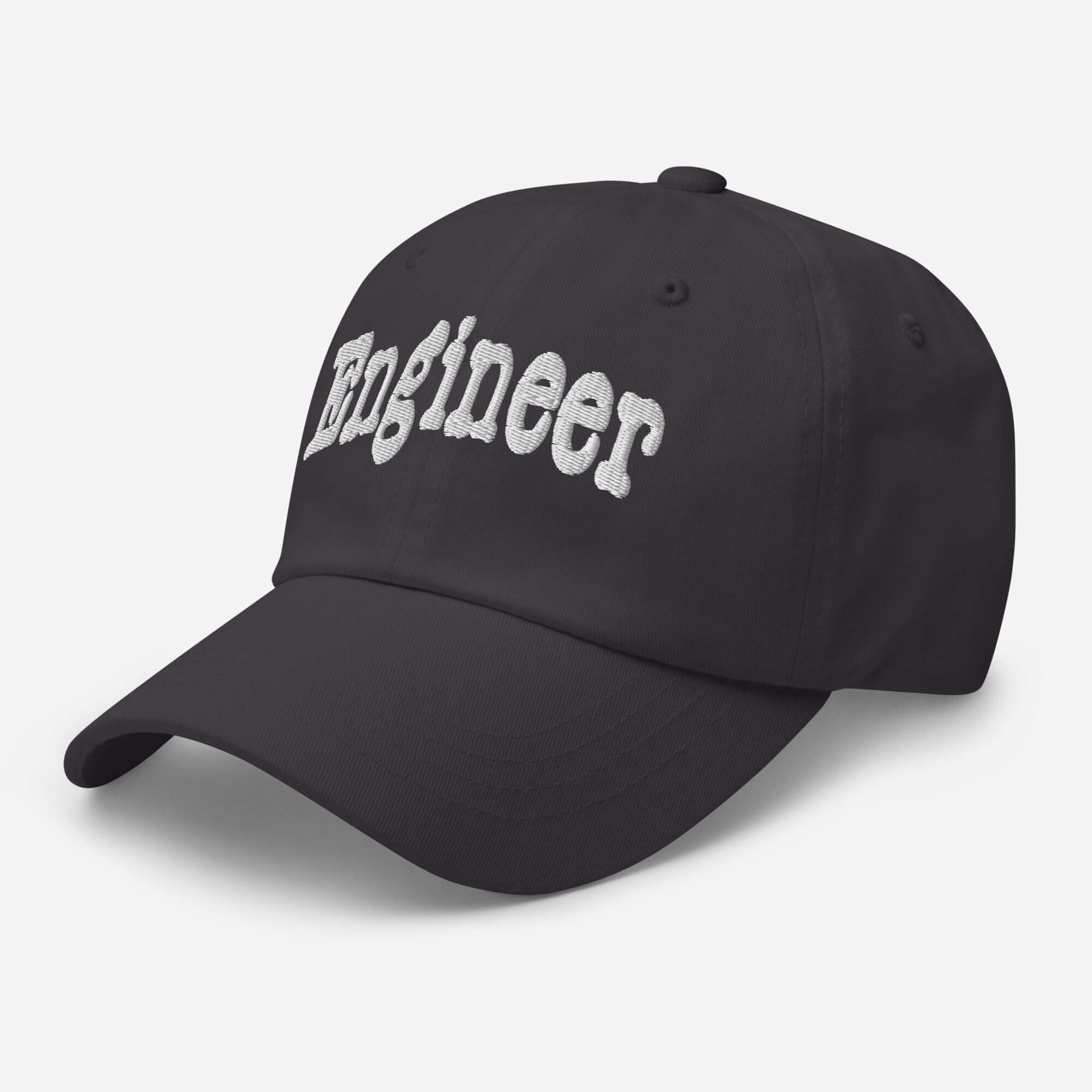 Alt Tag: Sleek black "Engineer" baseball cap showcasing professional problem-solving prowess and optimal cap-wearing angles.