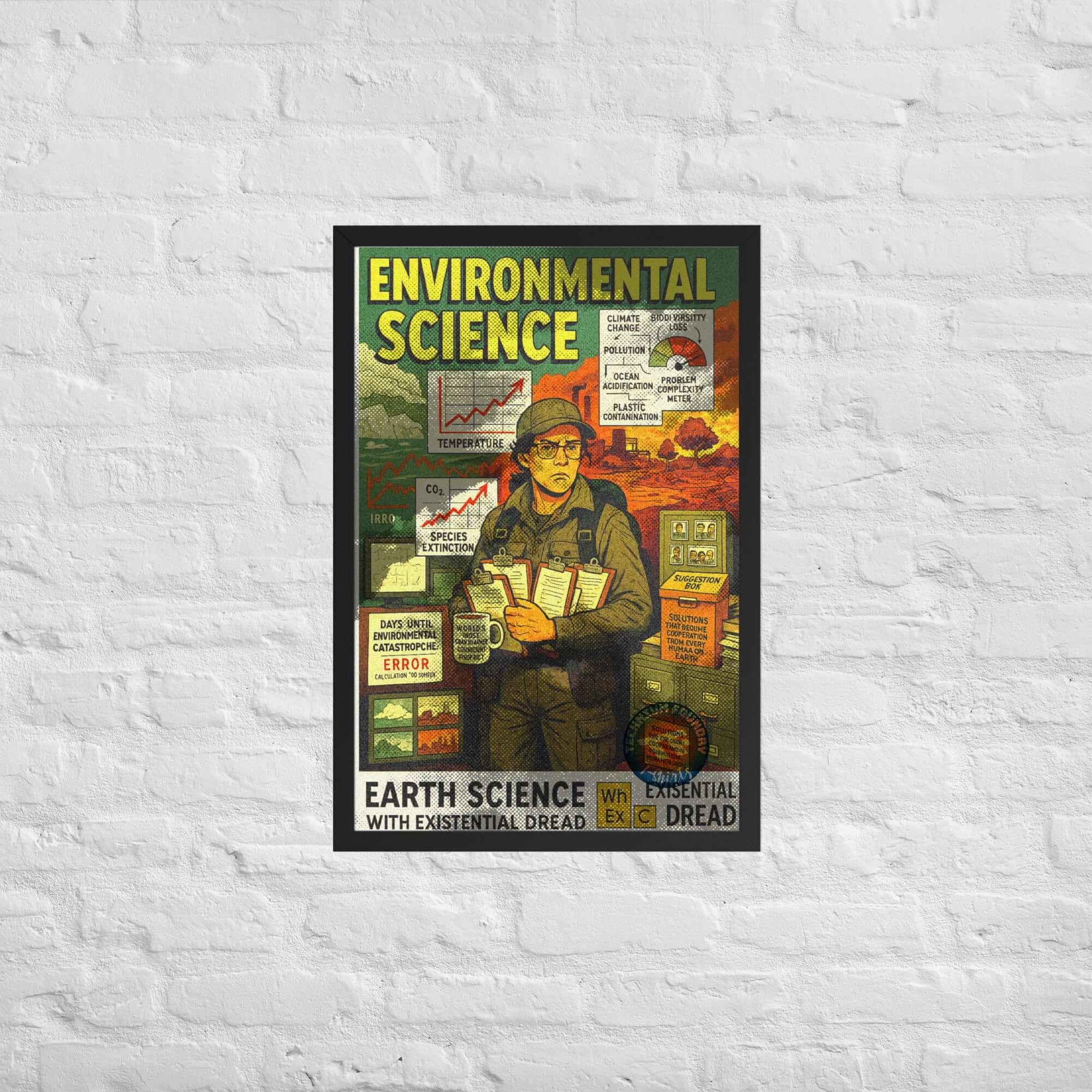 Earth Science wall poster showcases environmental science themes with a vintage design emphasizing existential concerns.