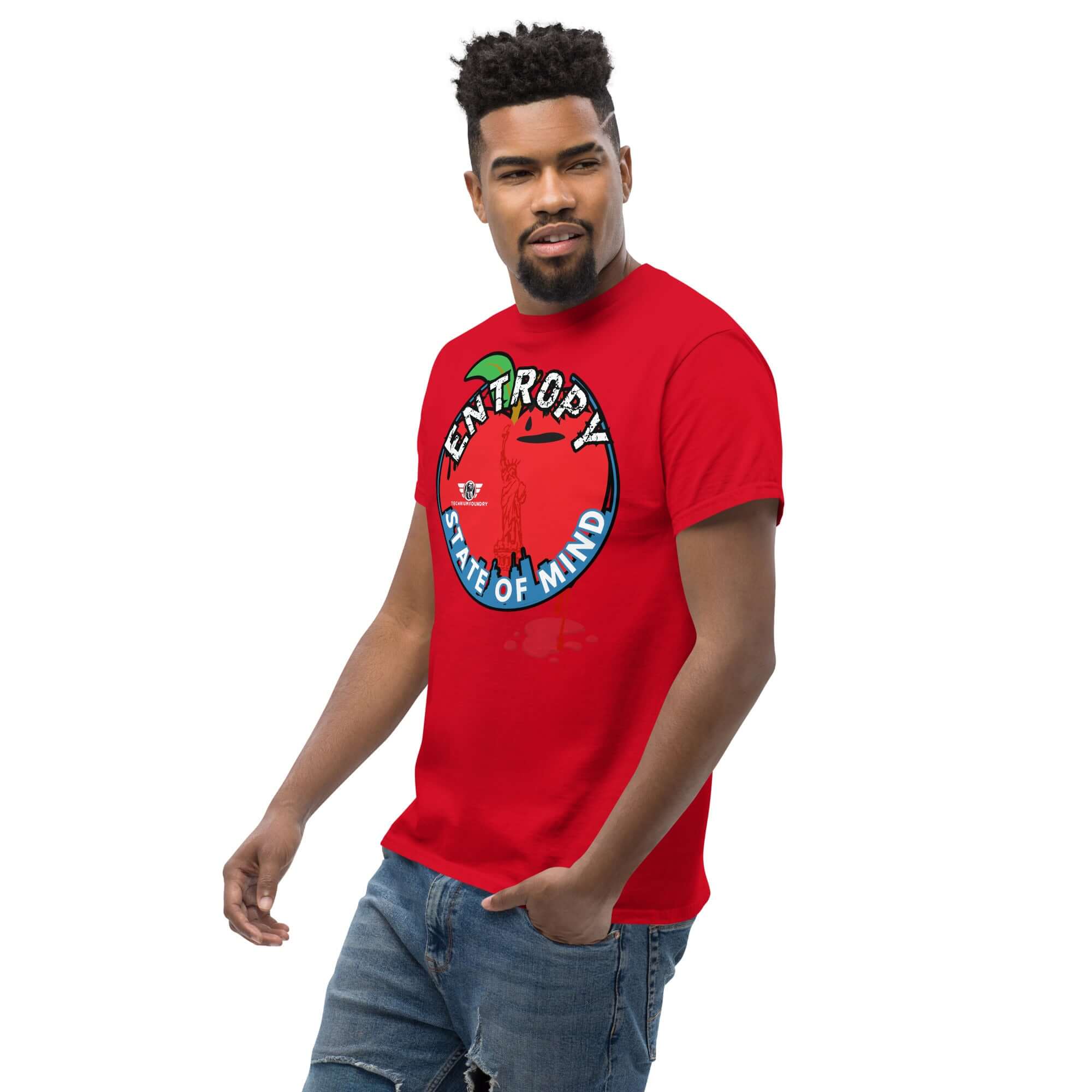 Man wearing red 'Entropy State of Mind' NYC Thermodynamics T-shirt, featuring Lady Liberty and chaos theory design.