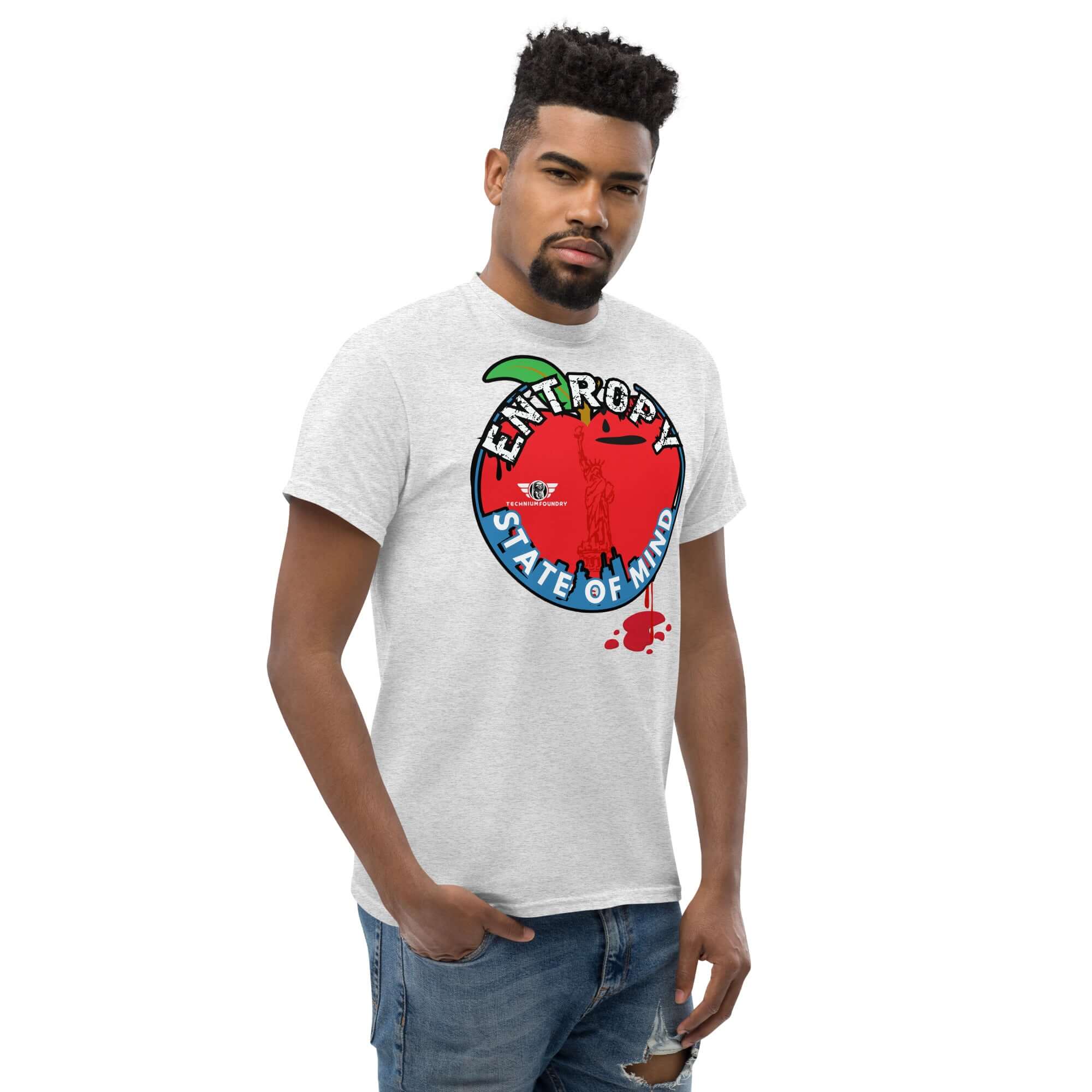 Man wearing NYC themed 'Entropy State of Mind' t-shirt showcasing thermodynamics and Big Apple humor.