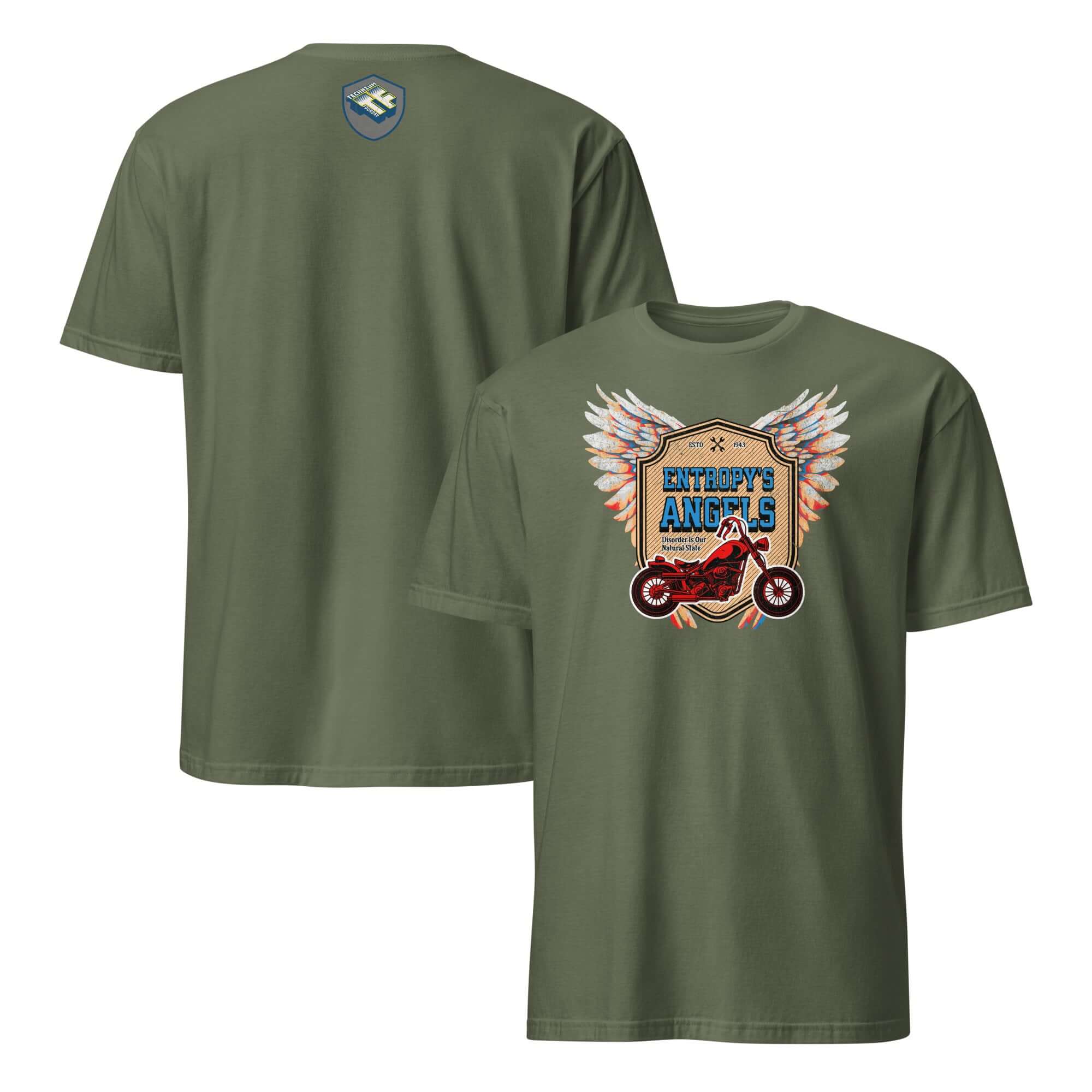 Green Entropy's Angels Motorcycle Club T-Shirt with red bike and colorful wings design, thermodynamic biker apparel.