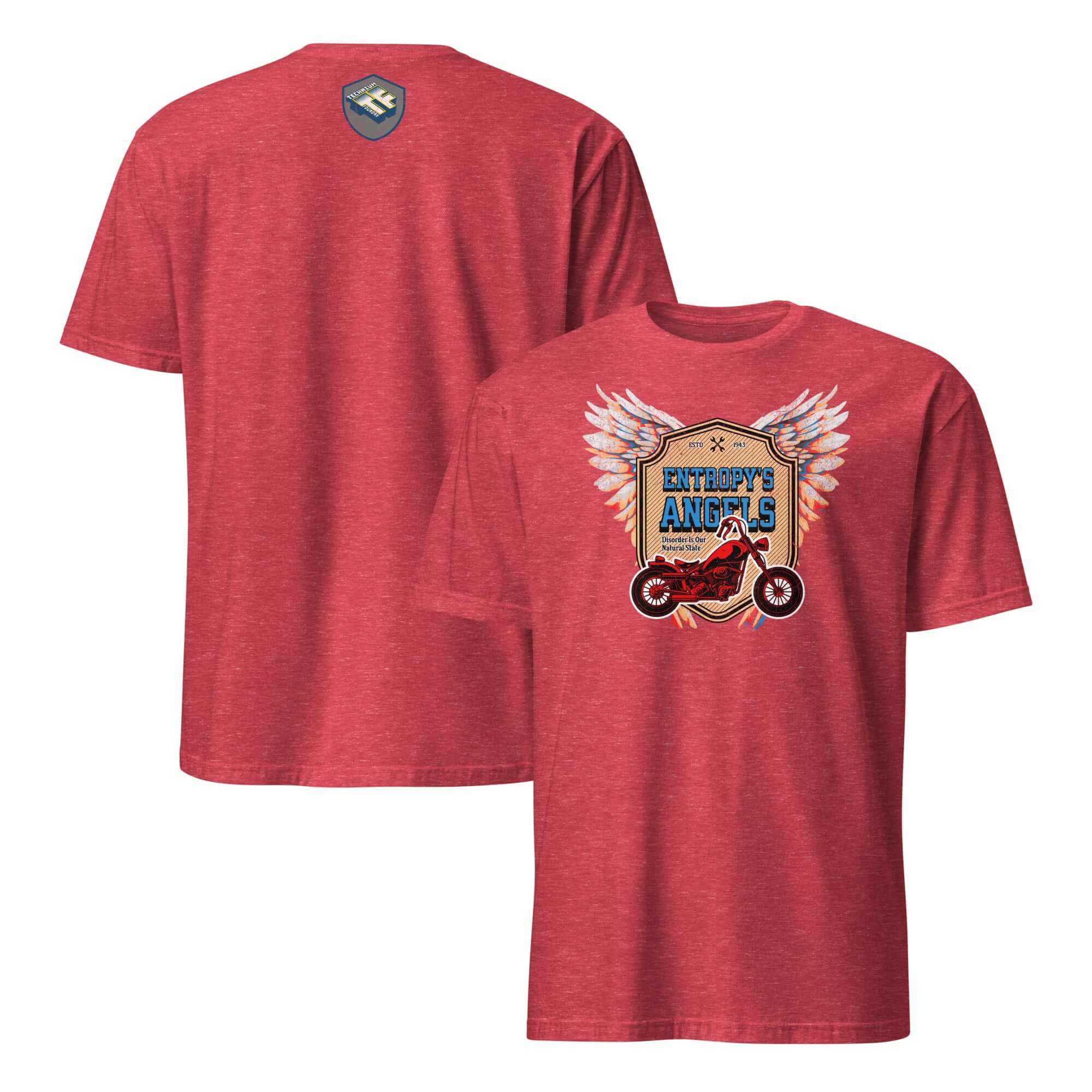 Entropy's Angels motorcycle club t-shirt with red bike and wings design, celebrating thermodynamics.