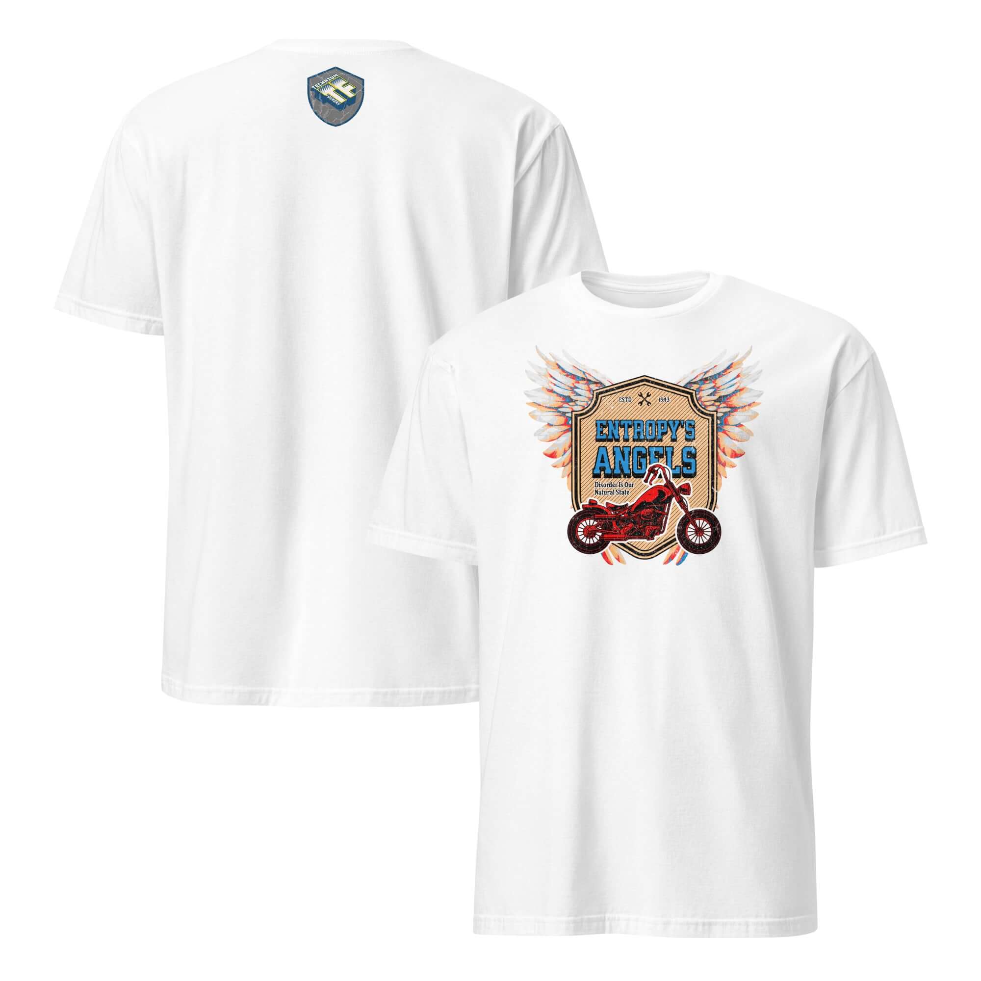 Entropy's Angels motorcycle club t-shirt featuring a red bike with colorful wings disintegrating, celebrating thermodynamics.