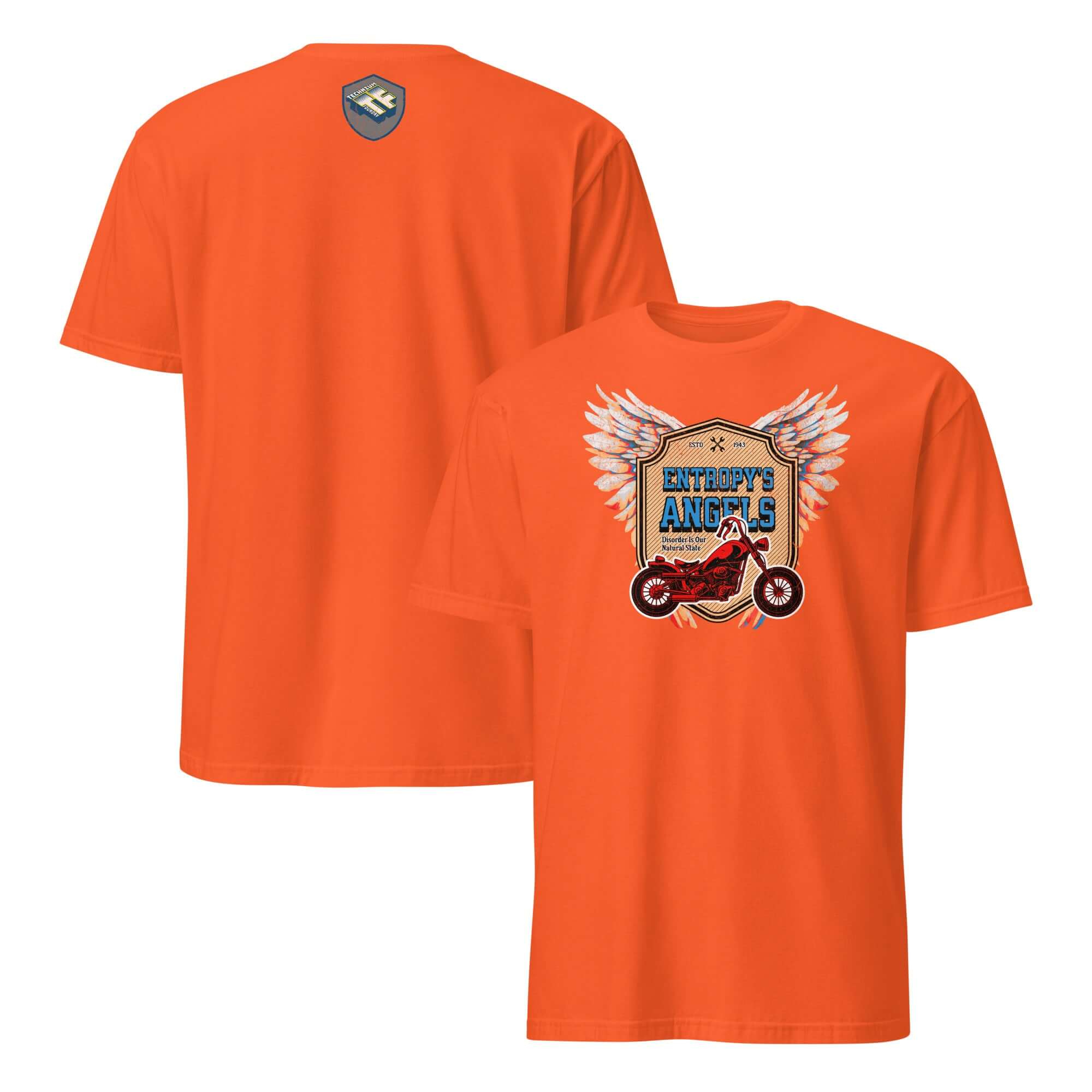 Entropy's Angels motorcycle club t-shirt with red bike and wings, thermodynamic biker apparel, celebrating disorder.
