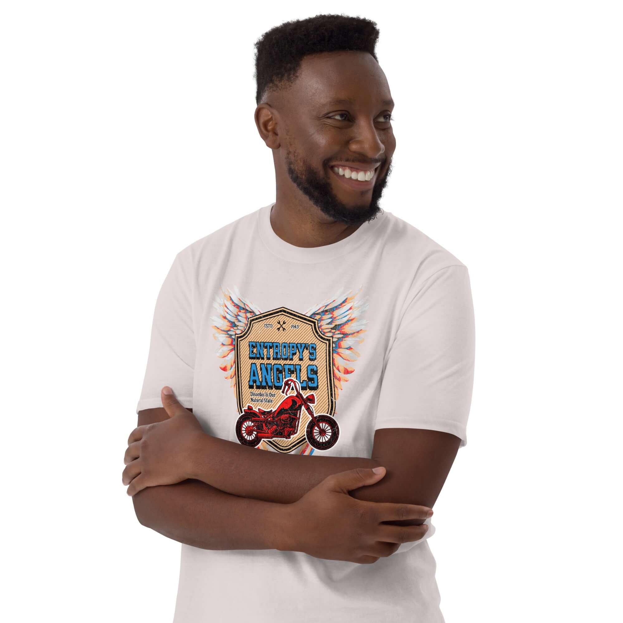 Man wearing Entropy's Angels Motorcycle Club T-Shirt with thermodynamic biker design, featuring a red motorcycle and colorful wings.