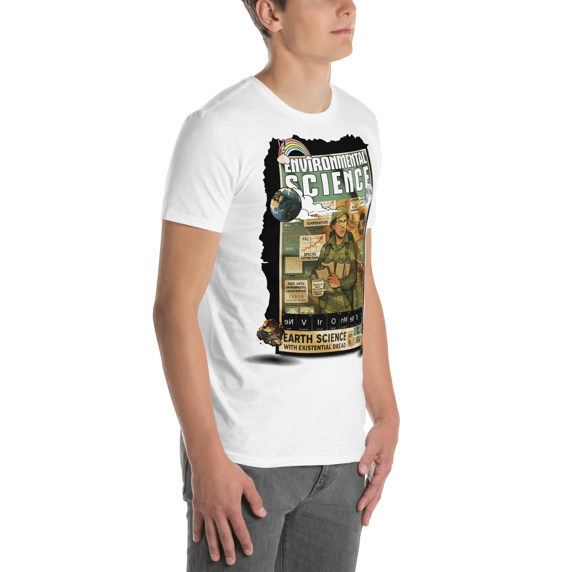 Man wearing Environmental Science T-Shirt with Earth Science and Existential Dread design, celebrating scientific exploration.