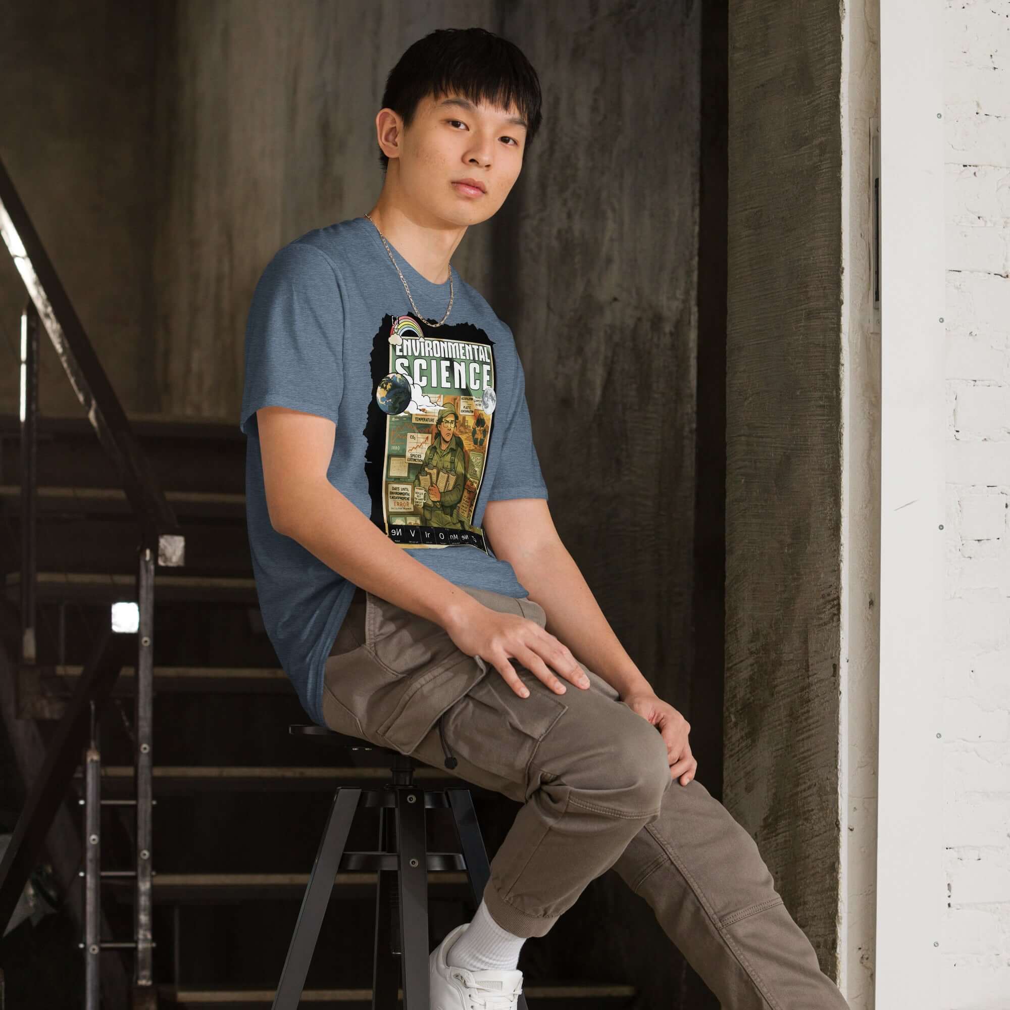 Model wears Environmental Science T-shirt highlighting Earth science with existential dread, sitting stylishly on a staircase.