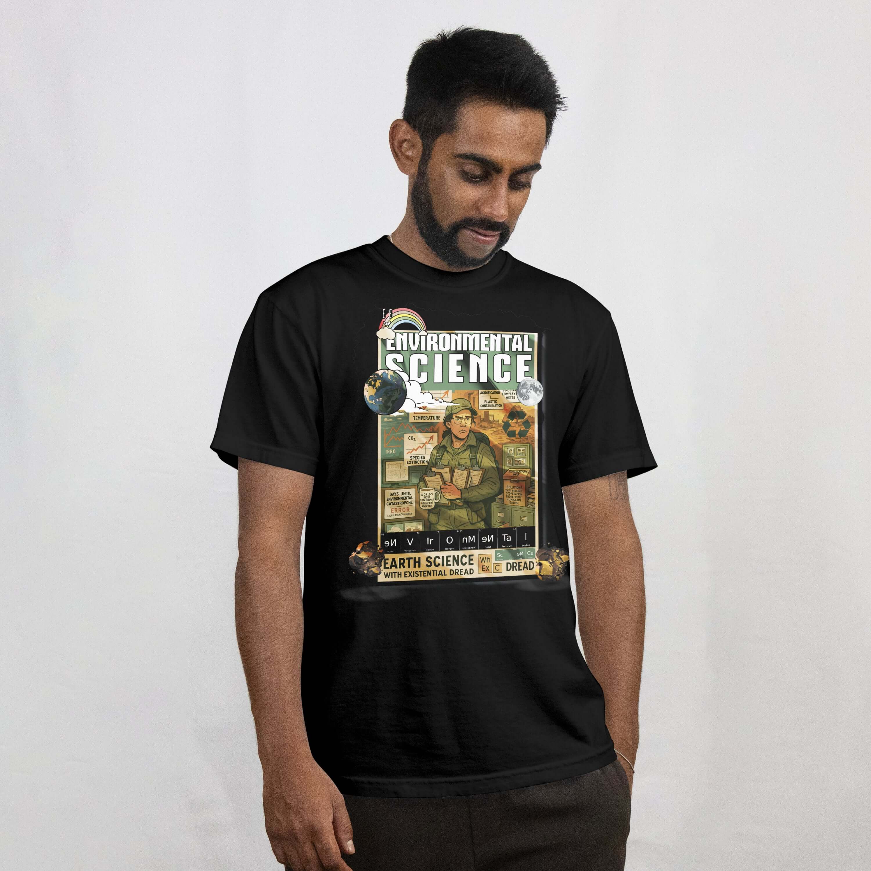 Man wearing Environmental Science T-shirt with Earth Science and existential theme.