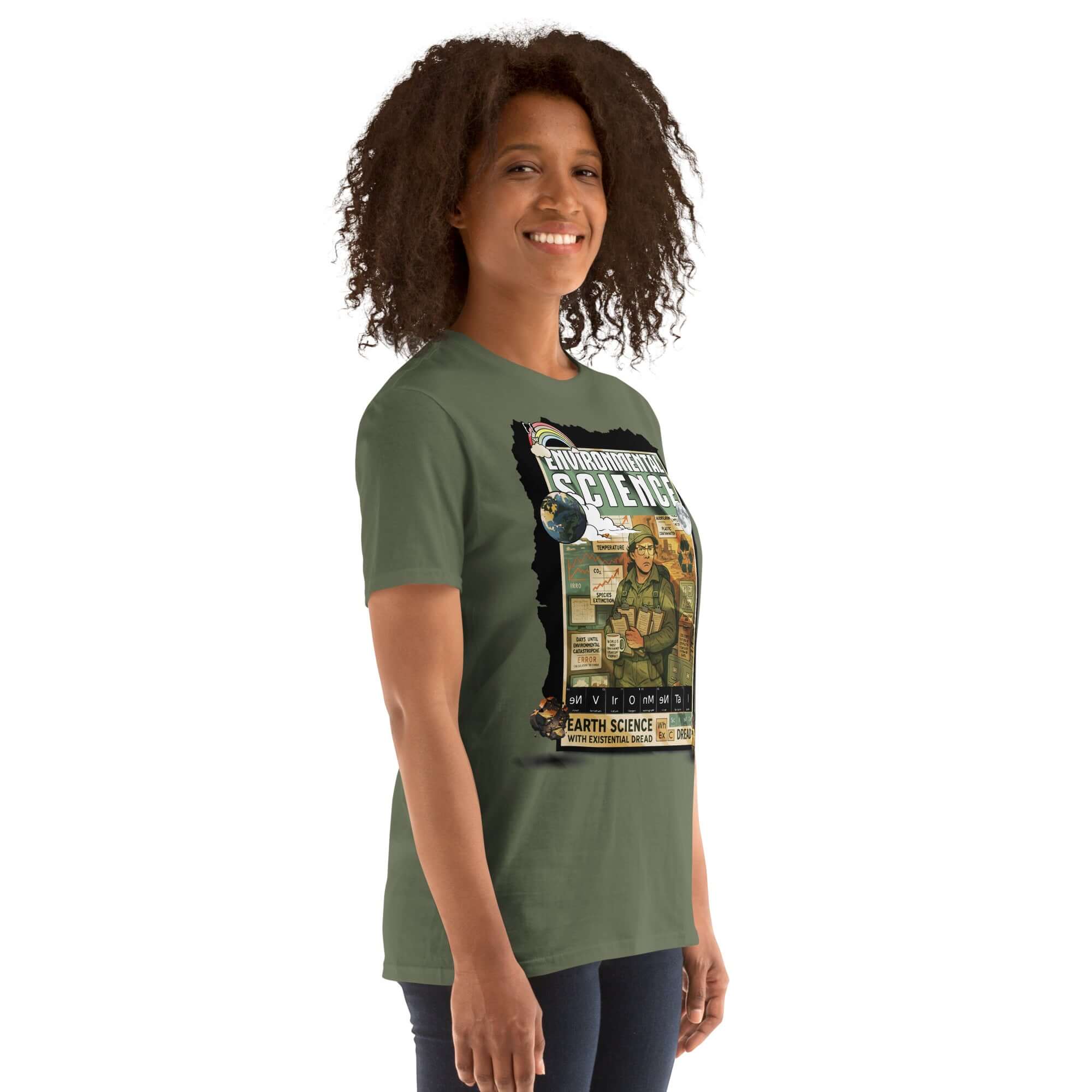 Person wearing Environmental Science T-Shirt with Earth Science design and existential dread theme, smiling confidently.
