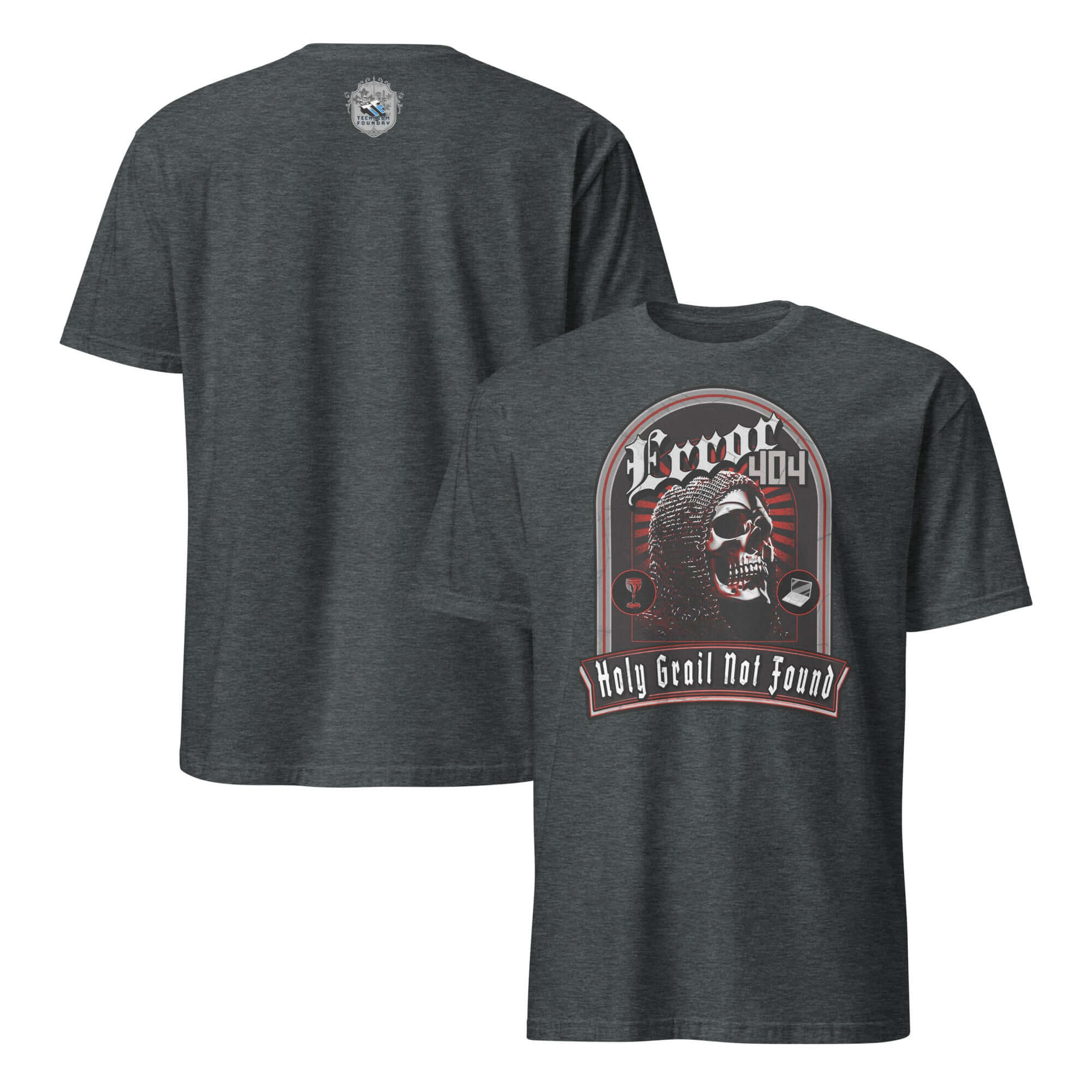 Error 404 Holy Grail Not Found T-Shirt featuring medieval knight skeleton design on dark fabric.