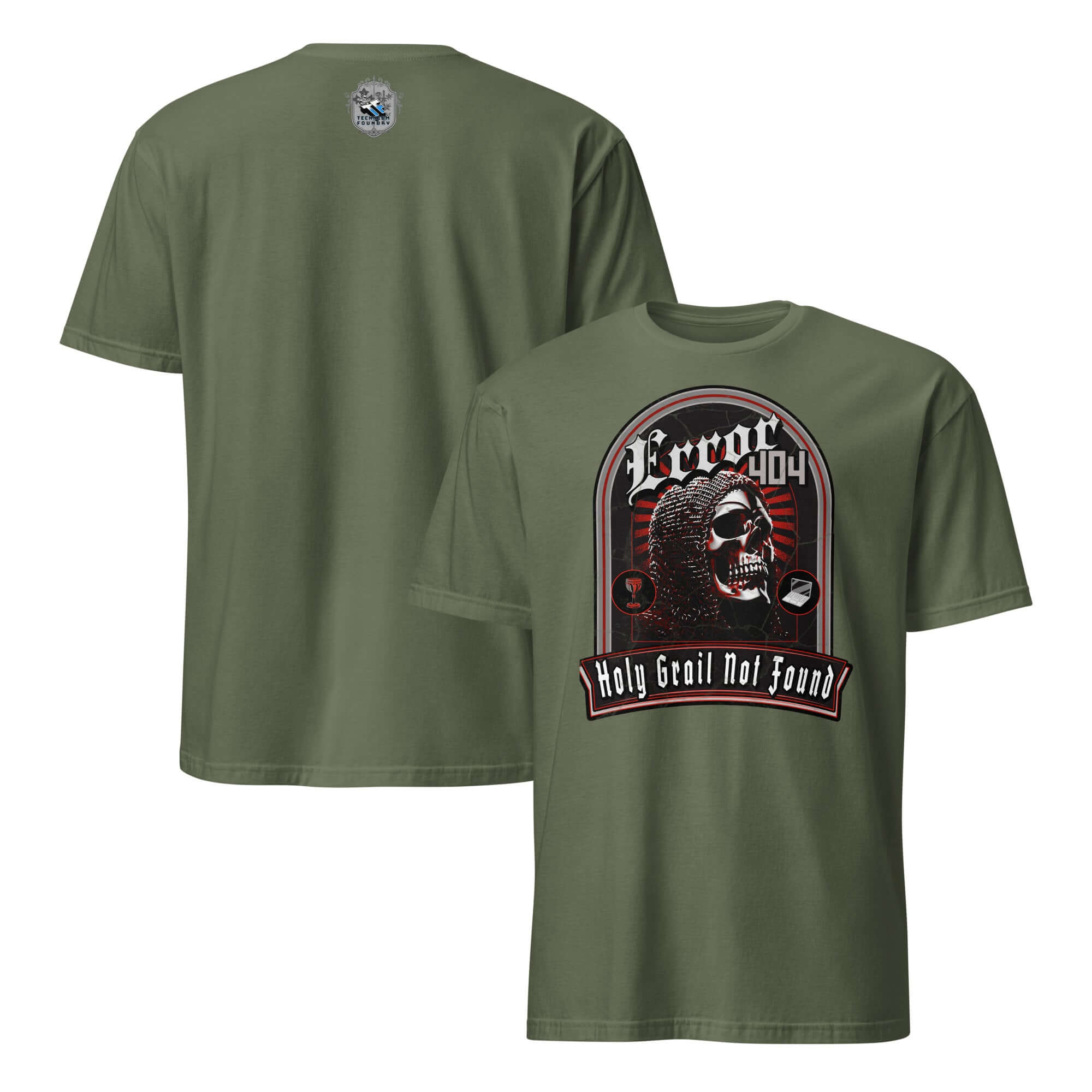 Olive "Error 404: Holy Grail Not Found" t-shirt featuring a skeleton in chainmail, blending medieval and web humor with unique design.