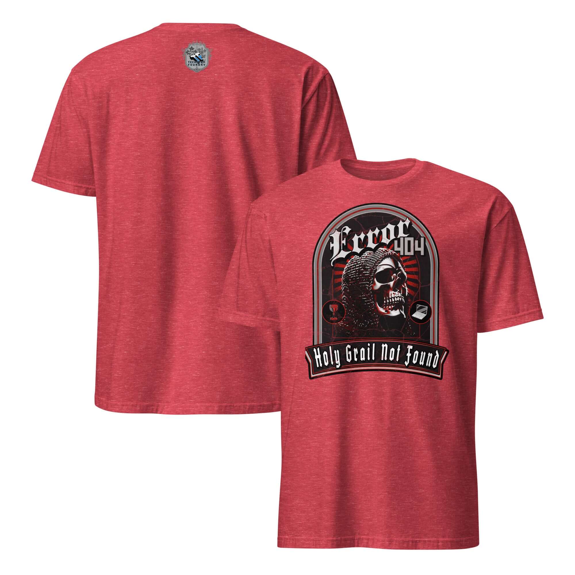 Red t-shirt featuring 'Error 404: Holy Grail Not Found' design with a chainmail-clad skeleton, blending medieval and web humor.