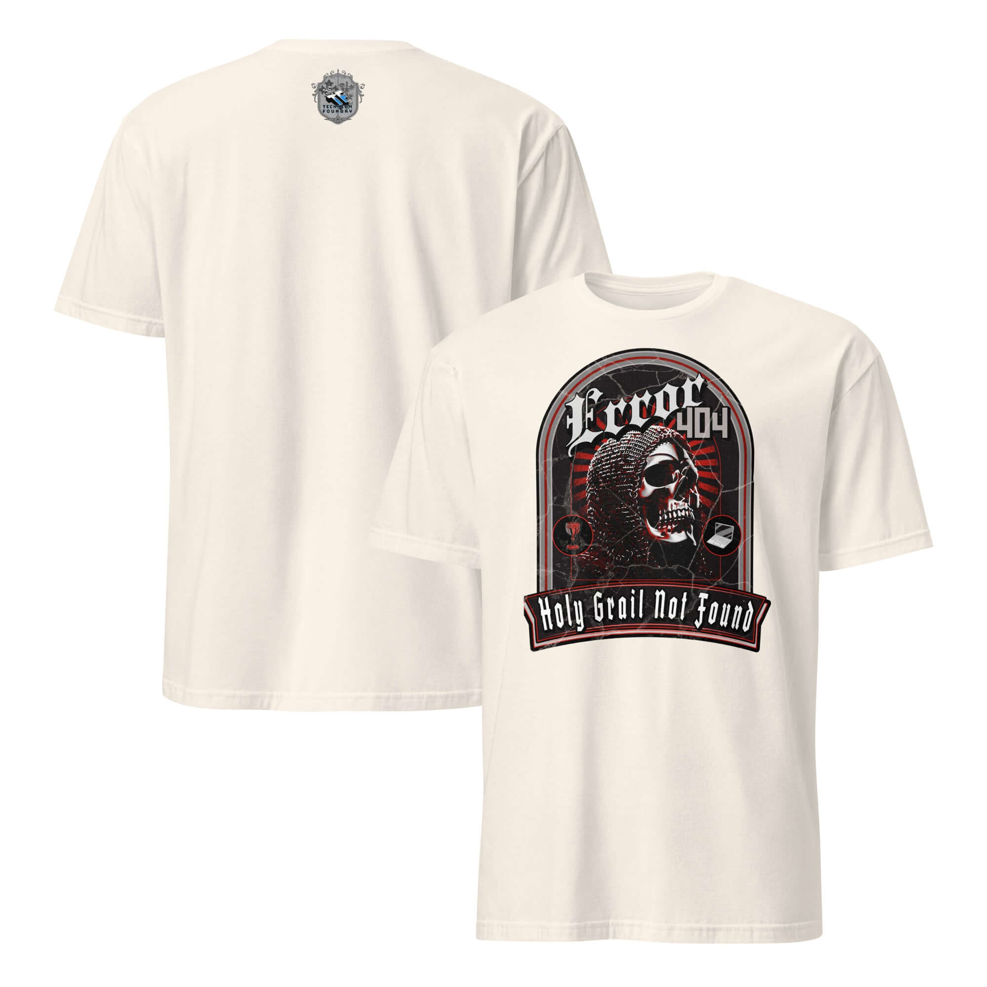 Error 404: Holy Grail Not Found T-Shirt featuring a chainmail-clad skeleton for medieval web error humor.