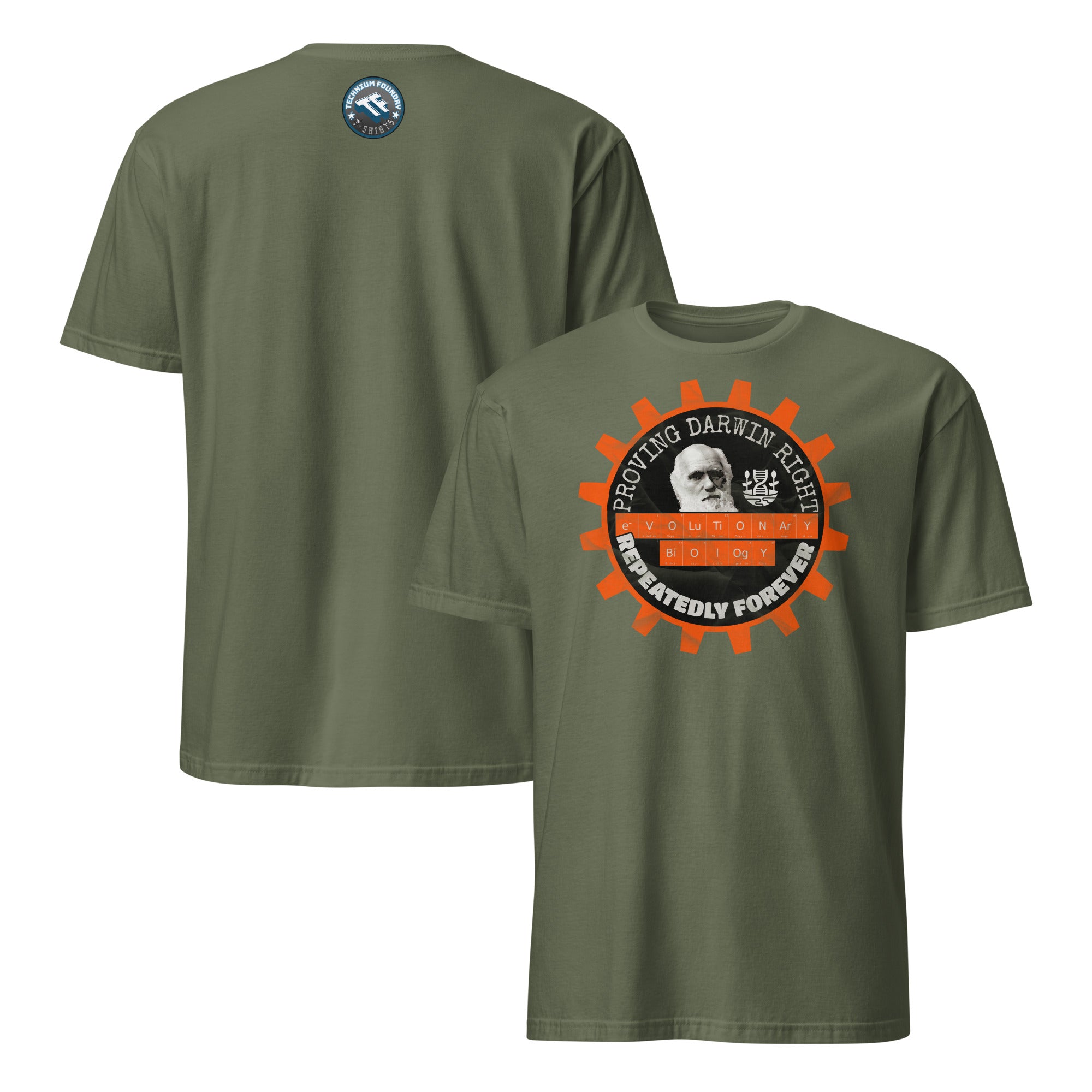 Evolutionary Biology T-Shirt featuring 'Proving Darwin Right Repeatedly Forever' design with bearded naturalist graphic on green fabric.