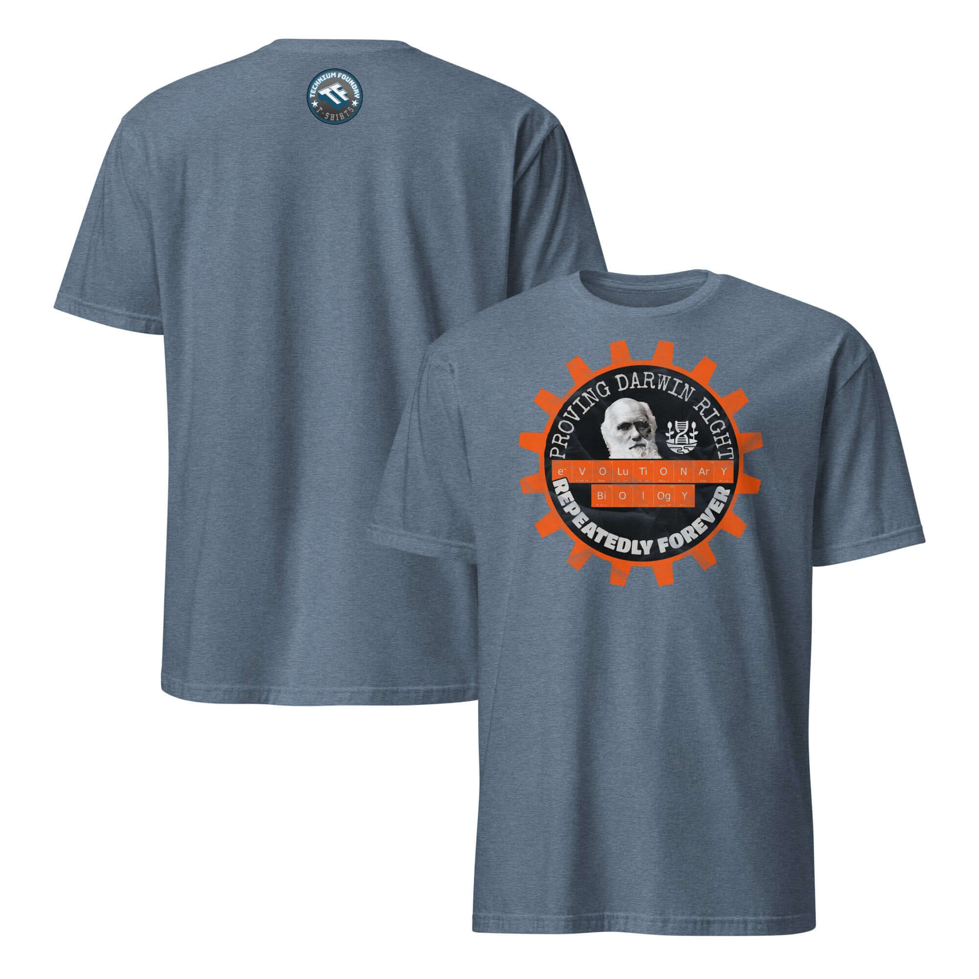 Blue Evolutionary Biology T-Shirt with "Proving Darwin Right Repeatedly Forever" design, featuring a gear and portrait of Darwin.