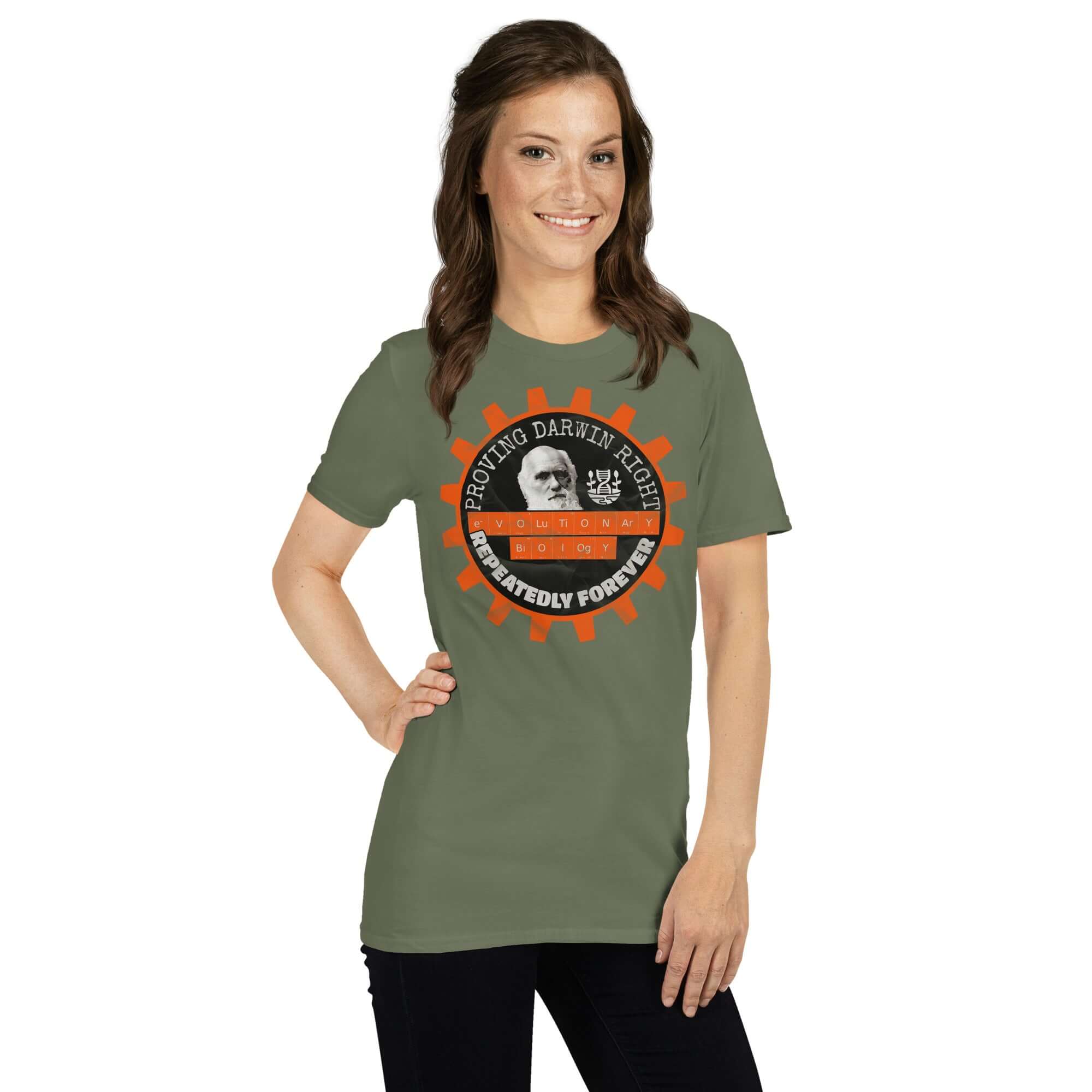 Woman wearing 'Proving Darwin Right' evolutionary biology t-shirt with vintage design, highlighting scientific discoveries.