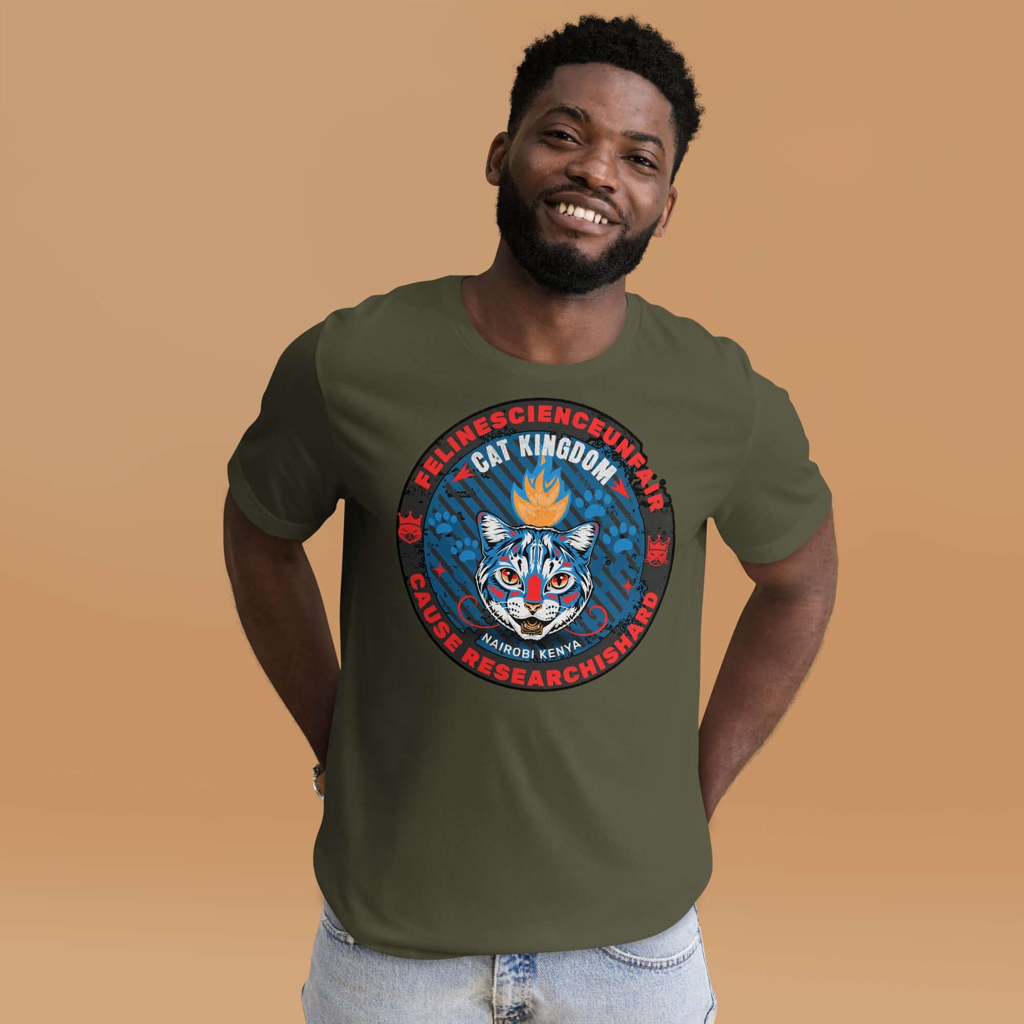 Man wearing Feline Science Unit Cat Kingdom T-shirt with wildcat design, Nairobi Kenya themed.