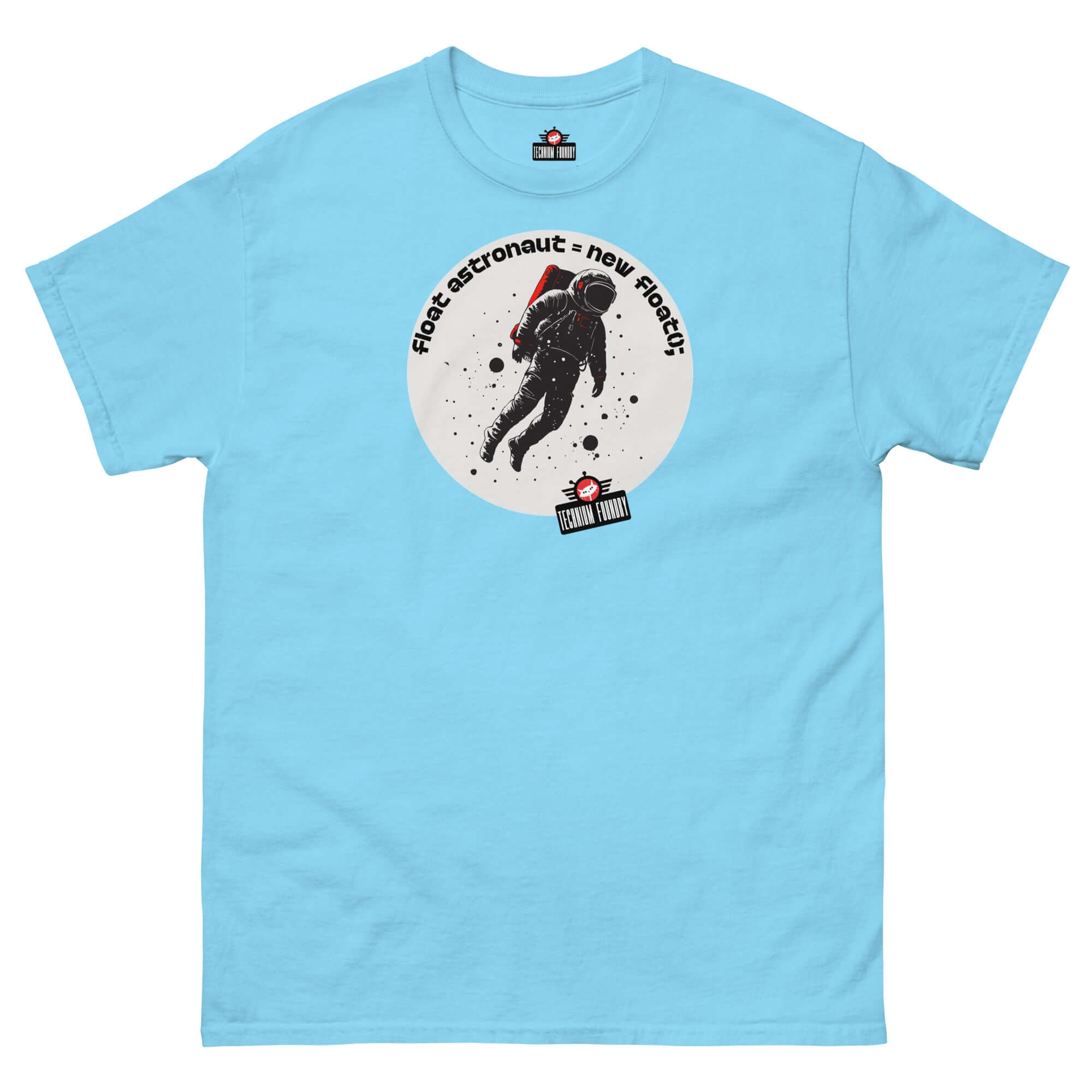 Light blue T-shirt featuring an astronaut design with the text "First Astronaut = New Branch();" by Technium Foundry.