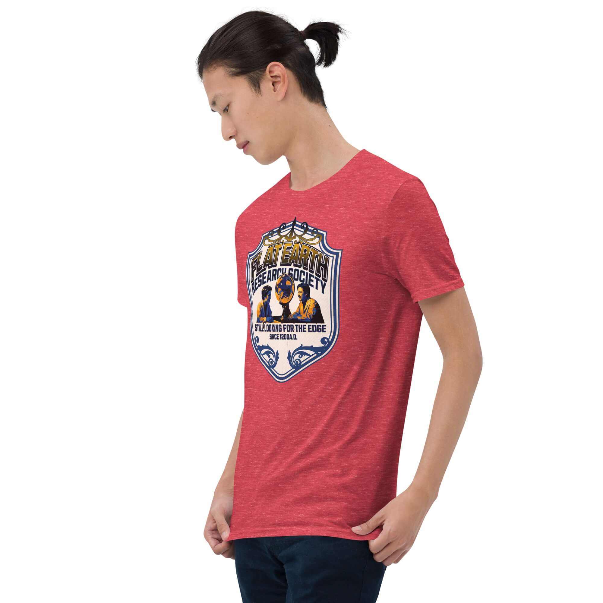 Man wearing a red Flat Earth Research Society T-shirt featuring a vintage-inspired design with a globe and researchers.
