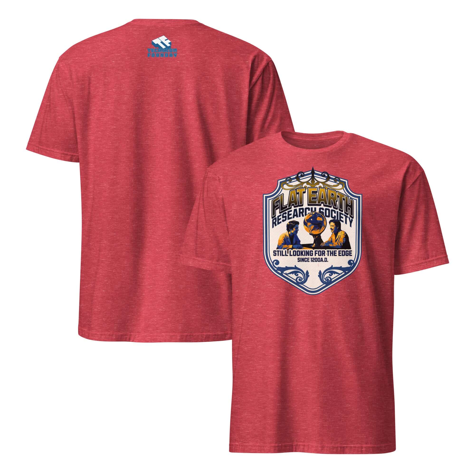 Flat Earth Research Society T-shirt, red, with vintage globe design and phrase 'Still Looking For The Edge' in navy and gold.