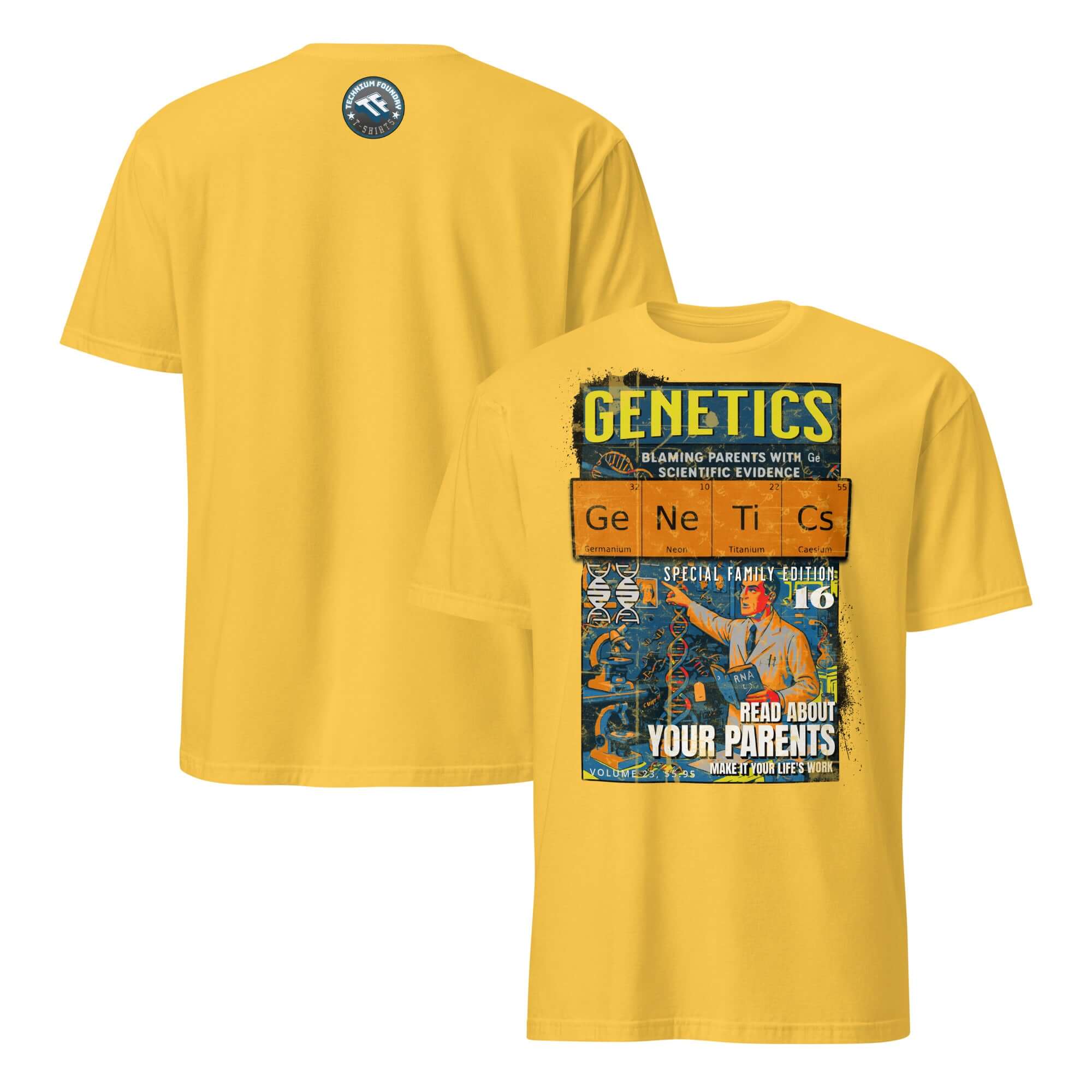 Yellow Genetics T-Shirt featuring a vintage comic book design on blaming parents with scientific evidence.