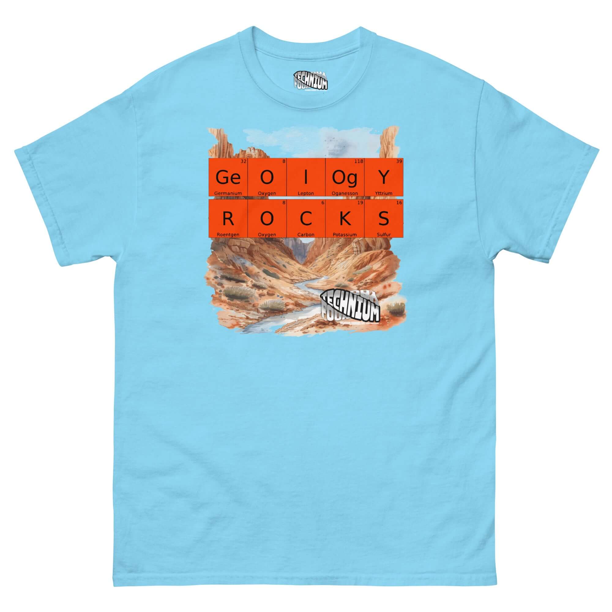 Light blue T-shirt featuring the "GEOLOGY ROCKS" design with periodic elements and a landscape motif by Technium Foundry.
