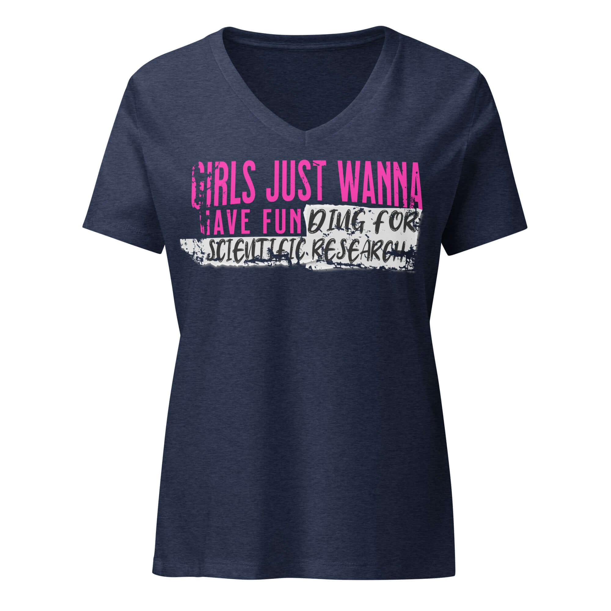 Navy T-shirt with 'Girls Just Wanna Do Science' text in pink and white, perfect for science enthusiasts embracing pop culture.