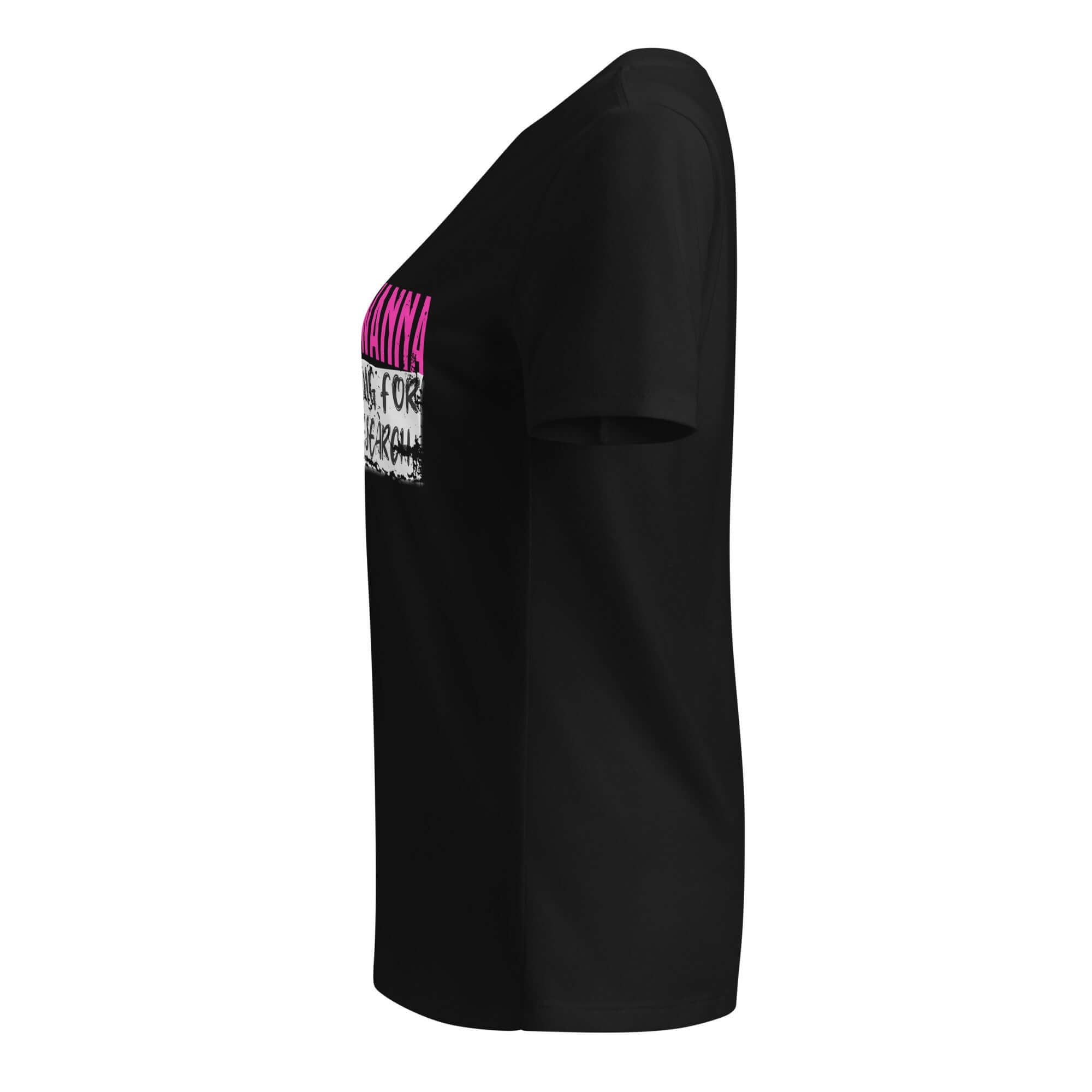 Side view of a black t-shirt featuring pink and black text design, promoting girls in science. Ideal for science enthusiasts and fashion lovers.