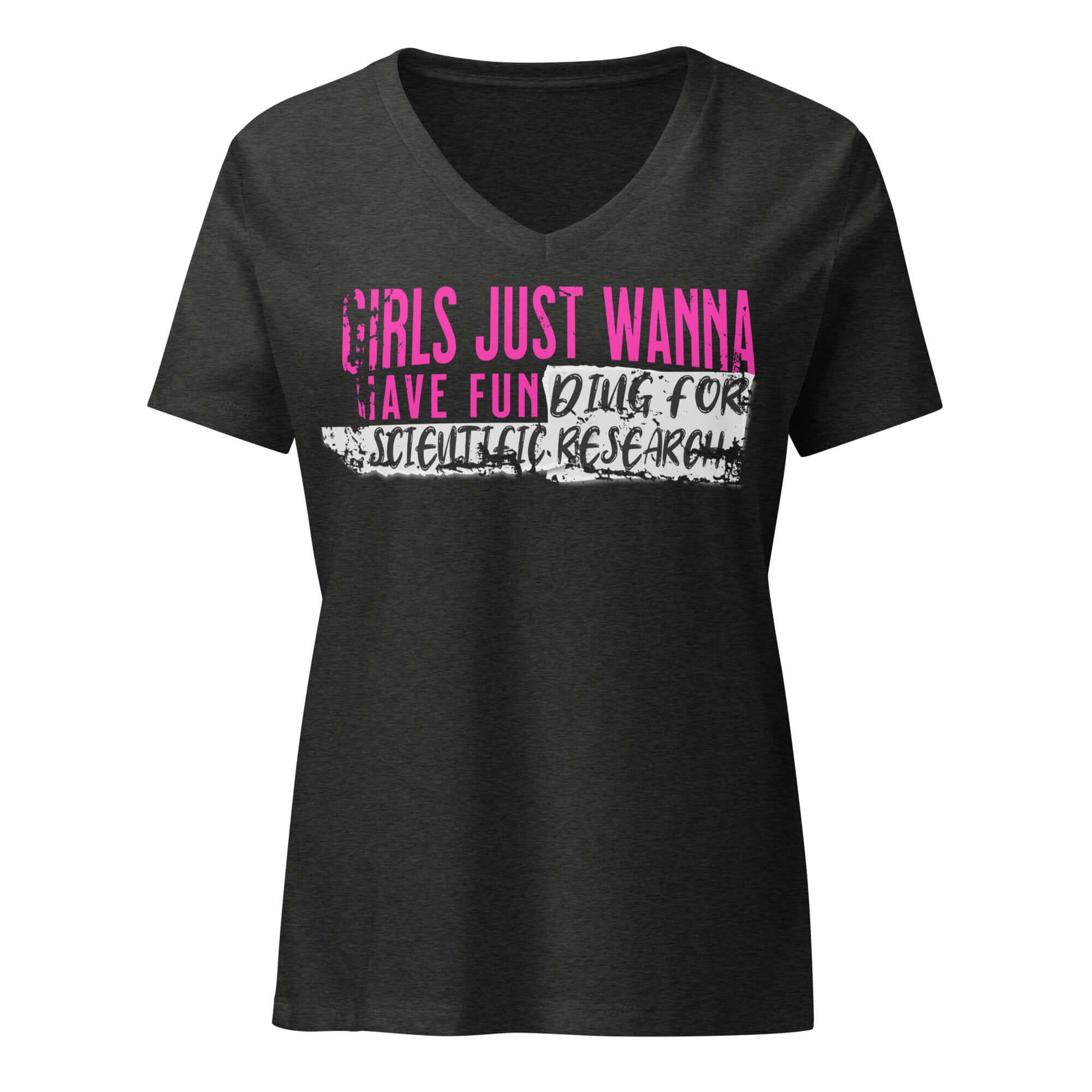 Girls Just Wanna Do Science T-Shirt with pink and black text on gray fabric, blending pop culture and science for trendy lab fashion.
