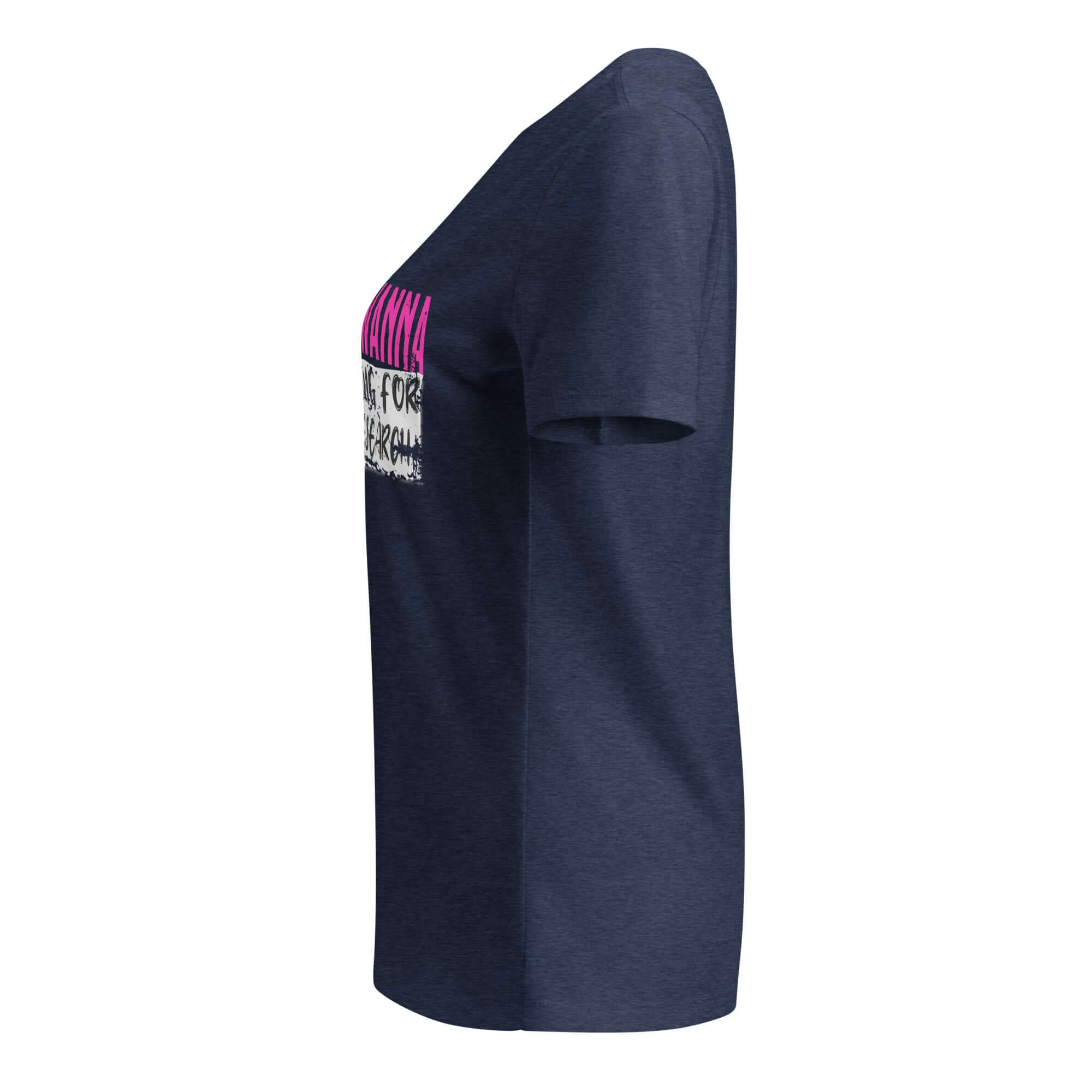 Side view of navy blue girls' science-themed T-shirt with pink and black text design promoting research and rebellion.