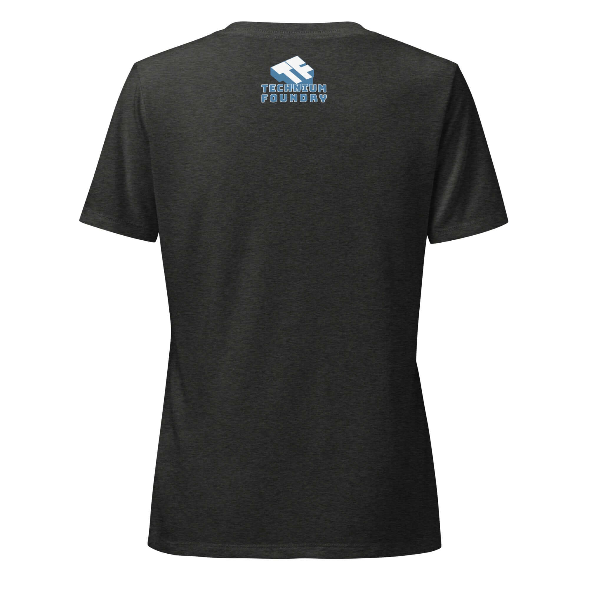 Back view of a dark-colored T-shirt with a logo and text 'Technician Foundry' printed in blue on the upper back.