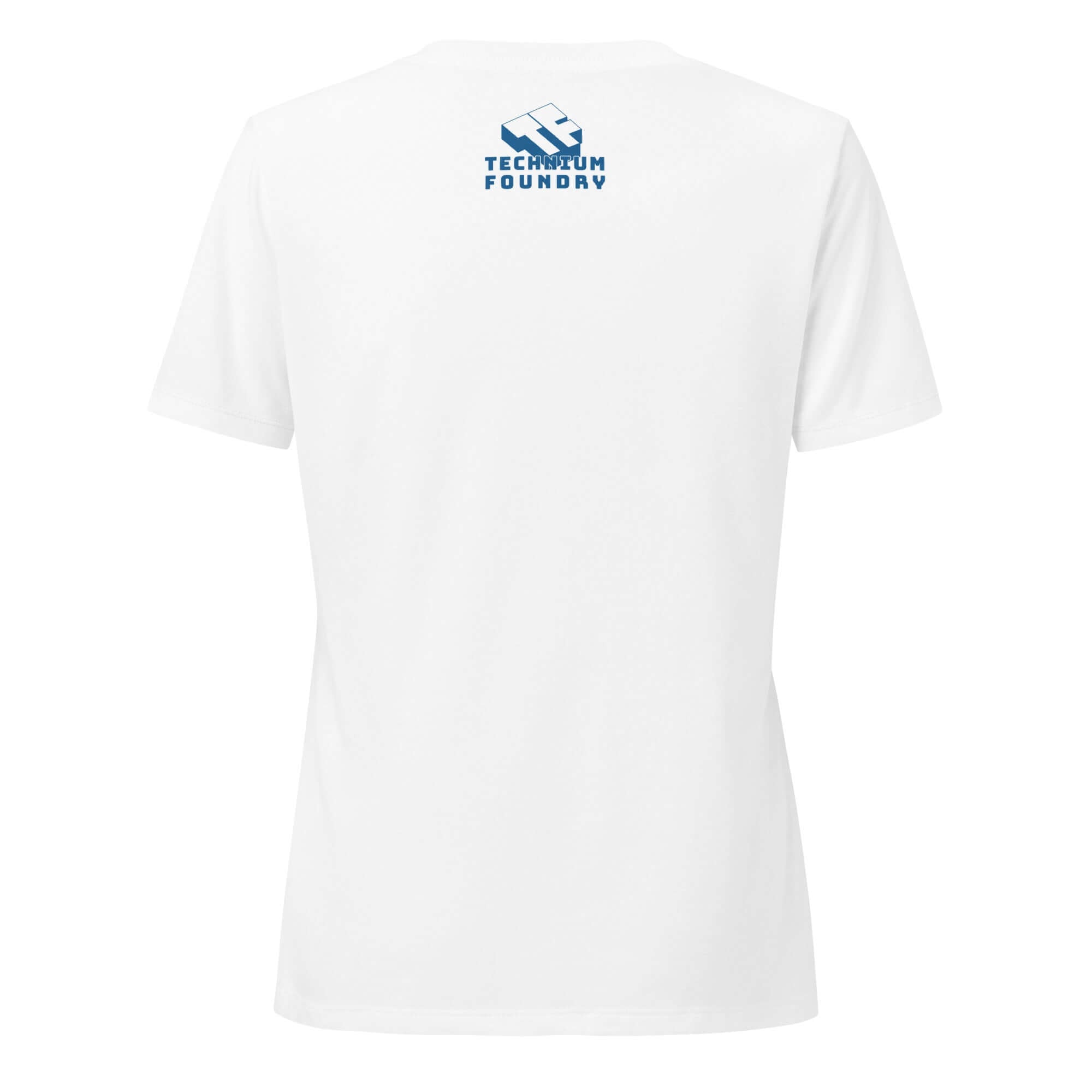 Back view of a white T-shirt with Technium Foundry logo in blue text.