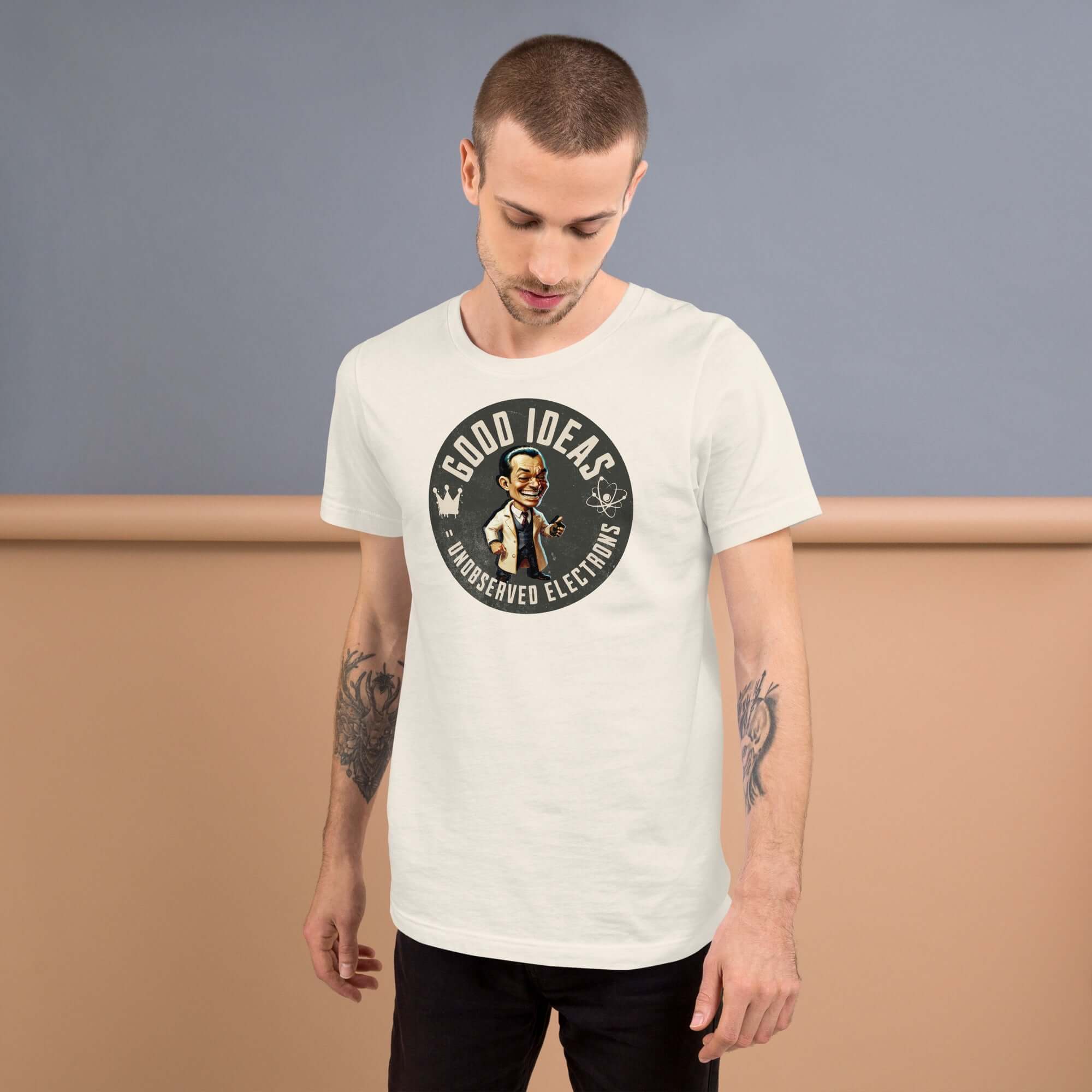 Man wearing Good Ideas Unobserved Electrons t-shirt, featuring a vintage gentleman and quantum physics humor design.