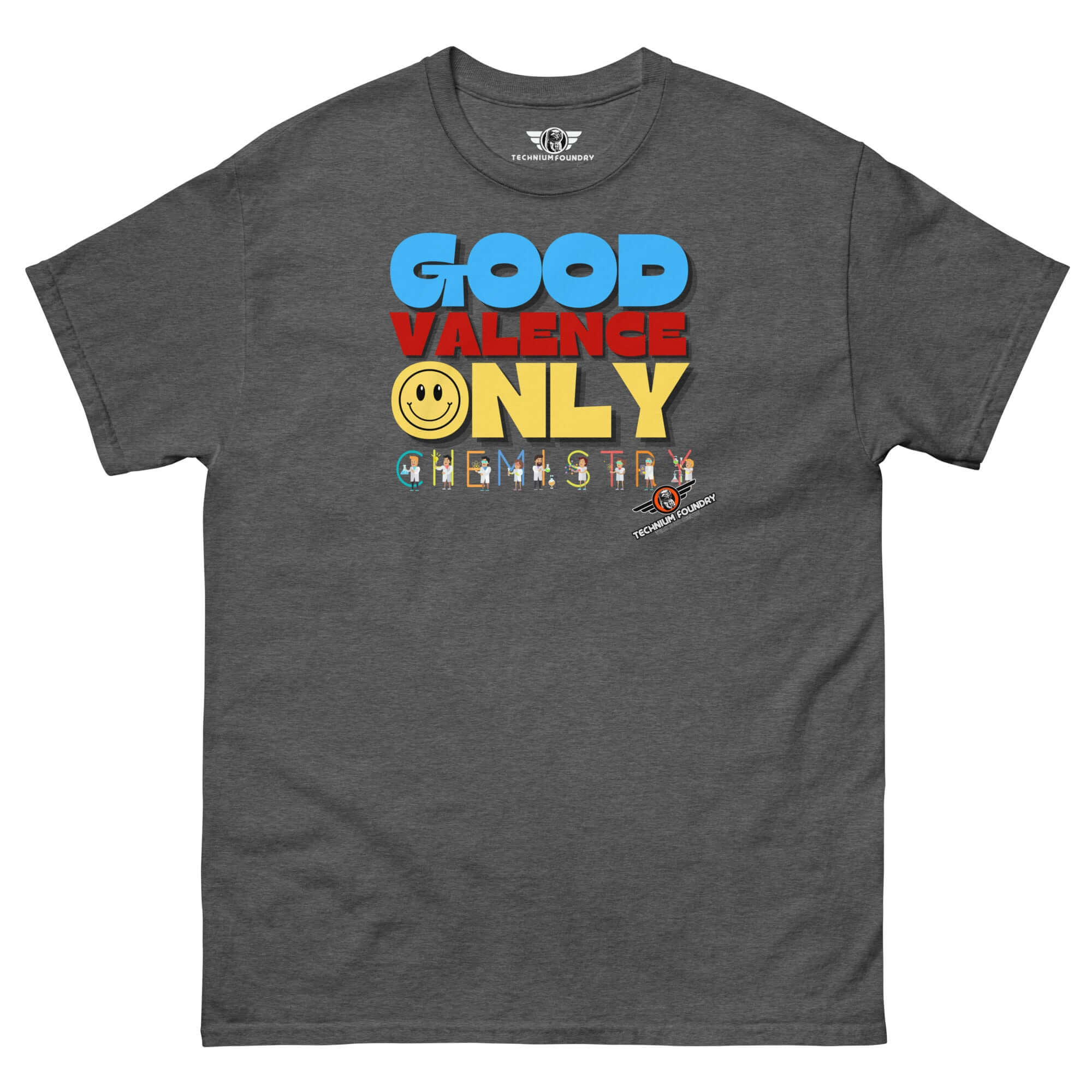 "Good Valence Only" chemistry t-shirt with colorful typography and lab scientist theme.
