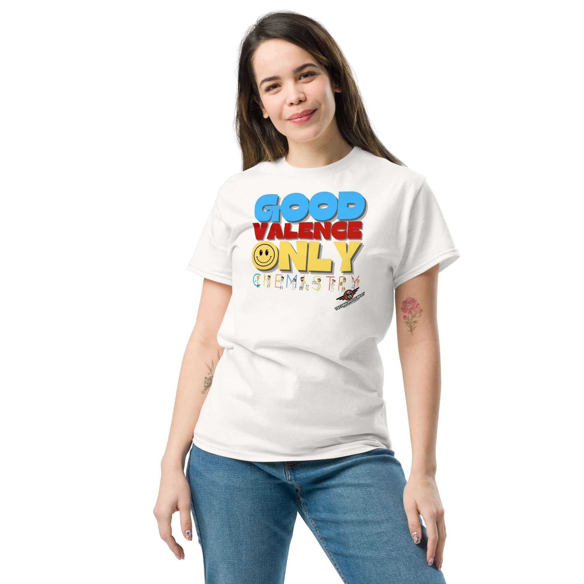 Woman wearing a 'Good Valence Only' chemistry t-shirt with cheerful typography and lab scientist design, perfect for chemistry lovers.