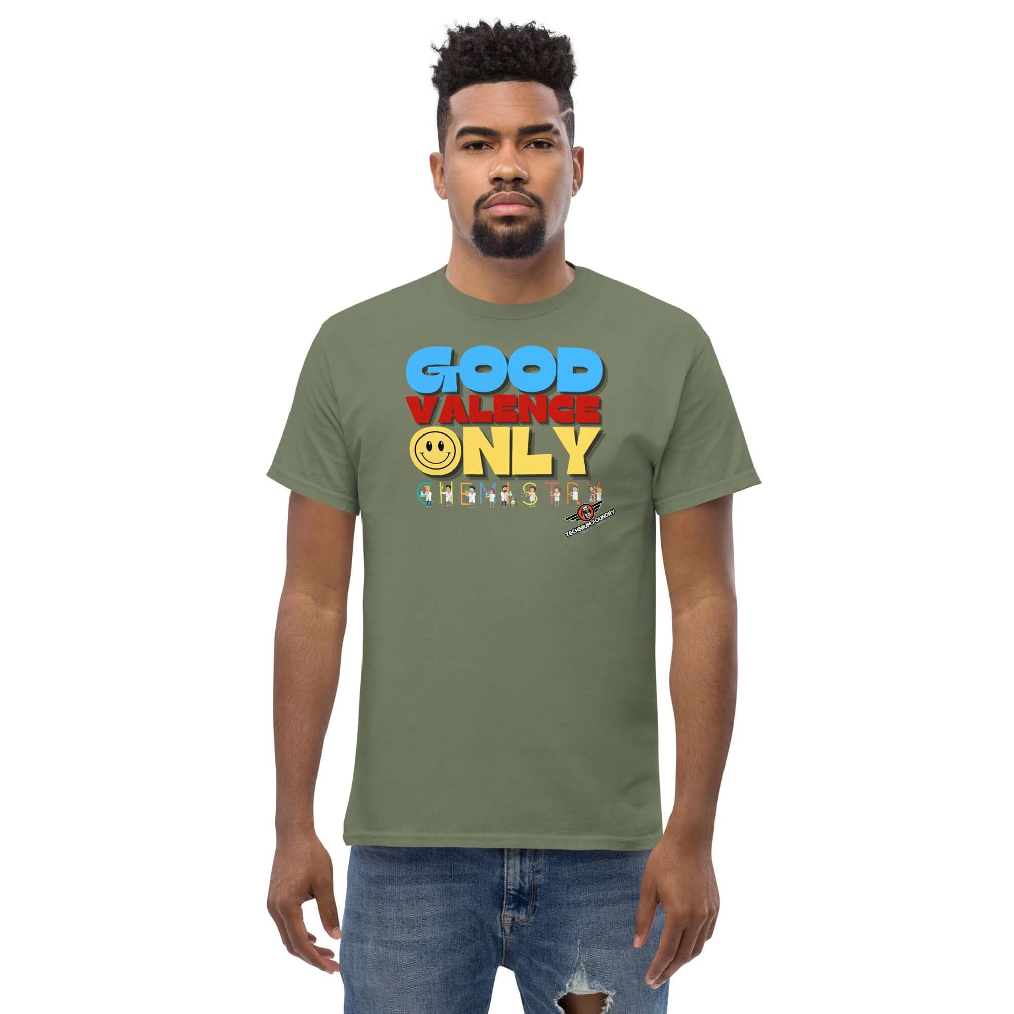 Model wearing Good Valence Only Chemistry T-Shirt with colorful retro design and lab scientist characters, promoting positivity.